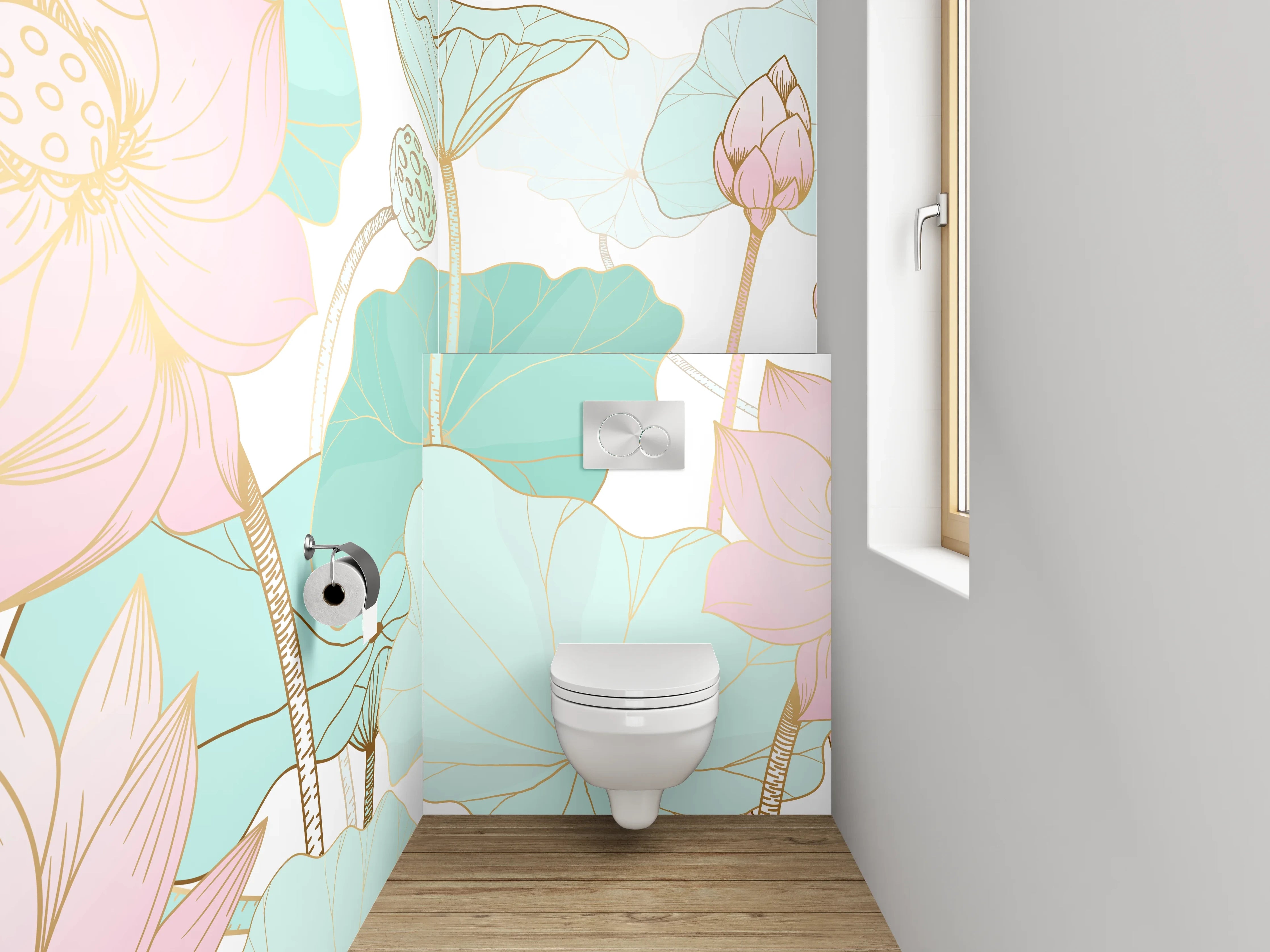 WC-Rückwand - Aquarell Lotusblüten Pastell Grün Rosa