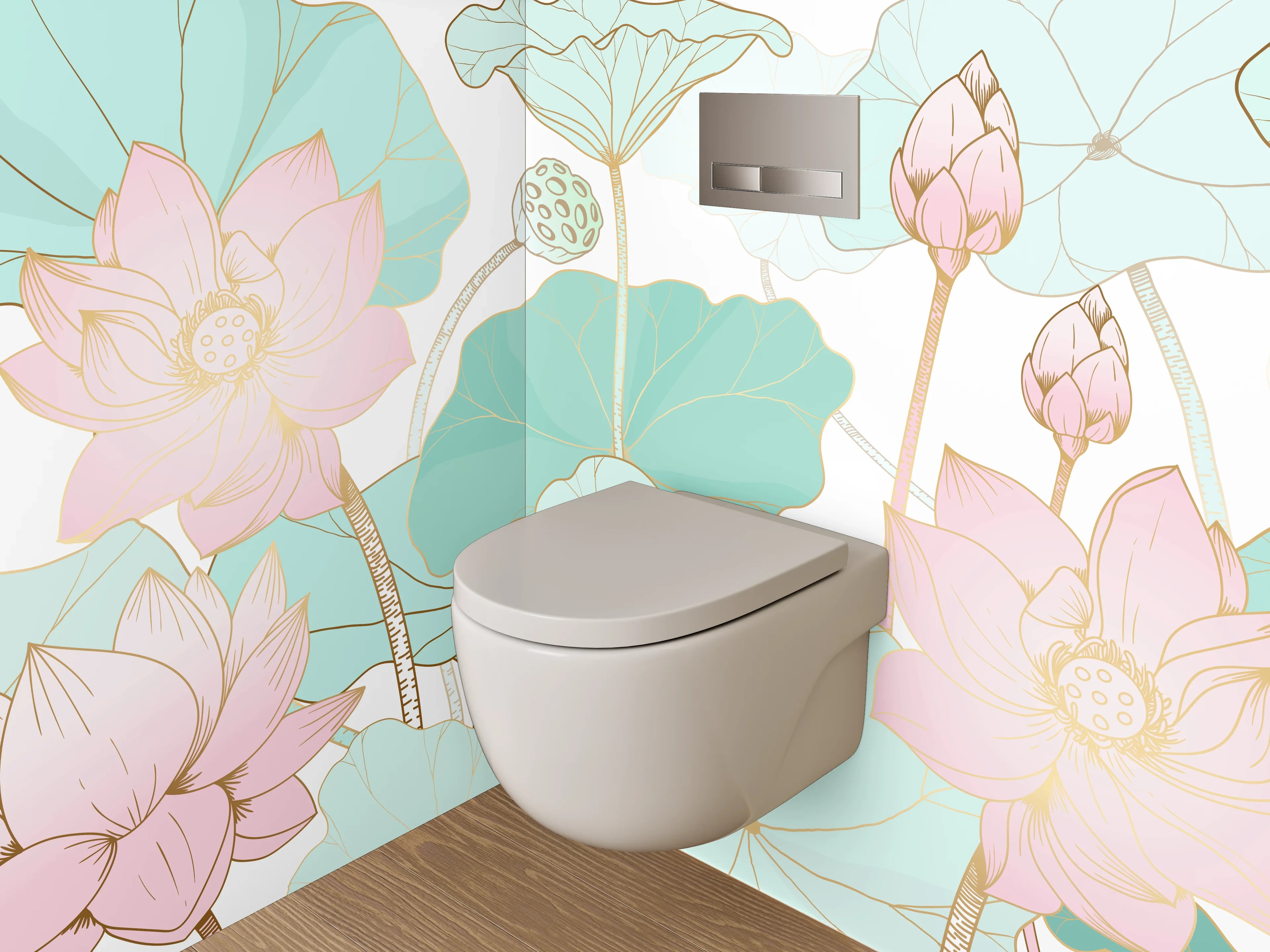 WC-Rückwand - Aquarell Lotusblüten Pastell Grün Rosa