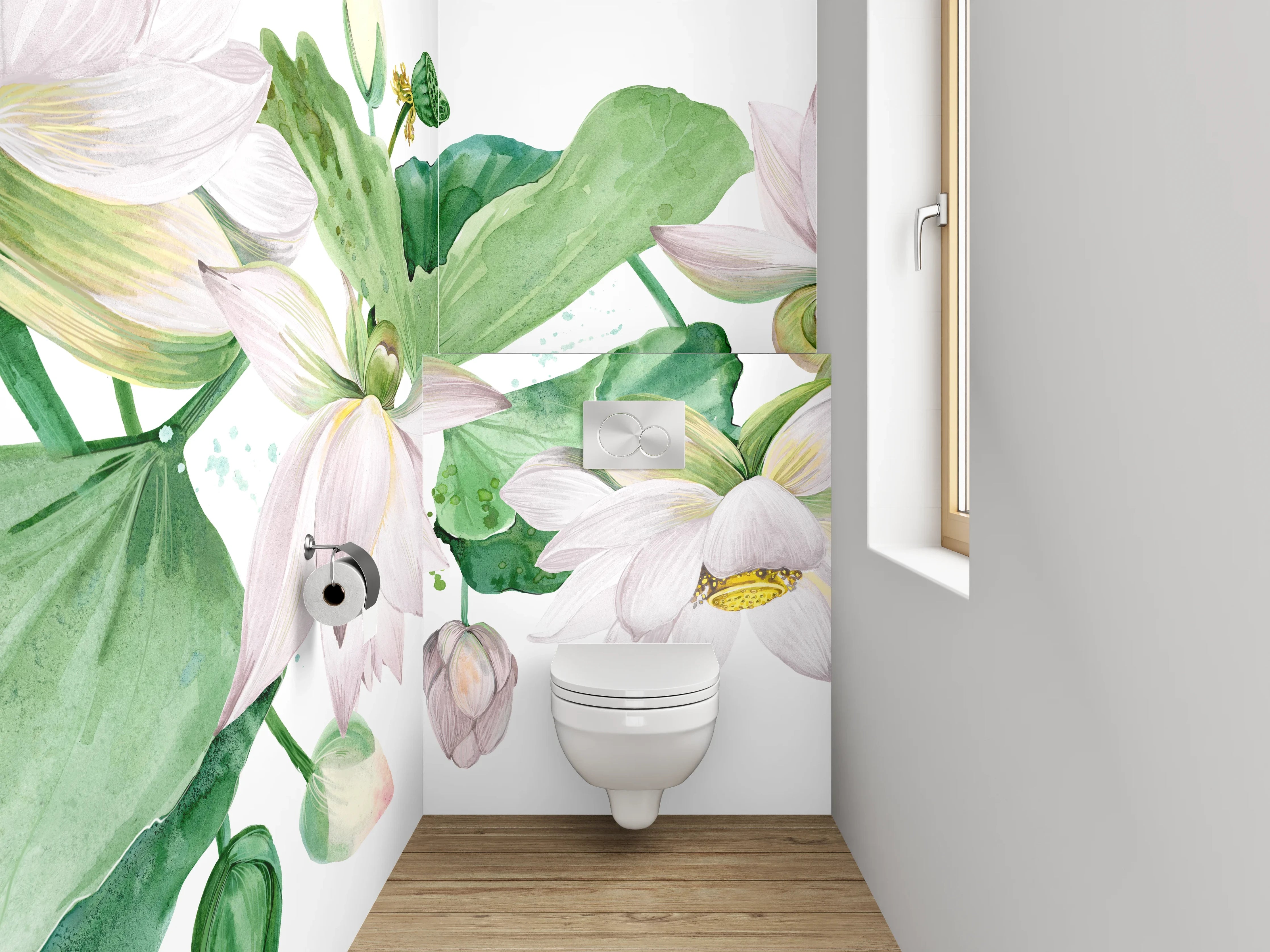 WC-Rückwand - Aquarell Lotusblüten Weiß Grün Rosa