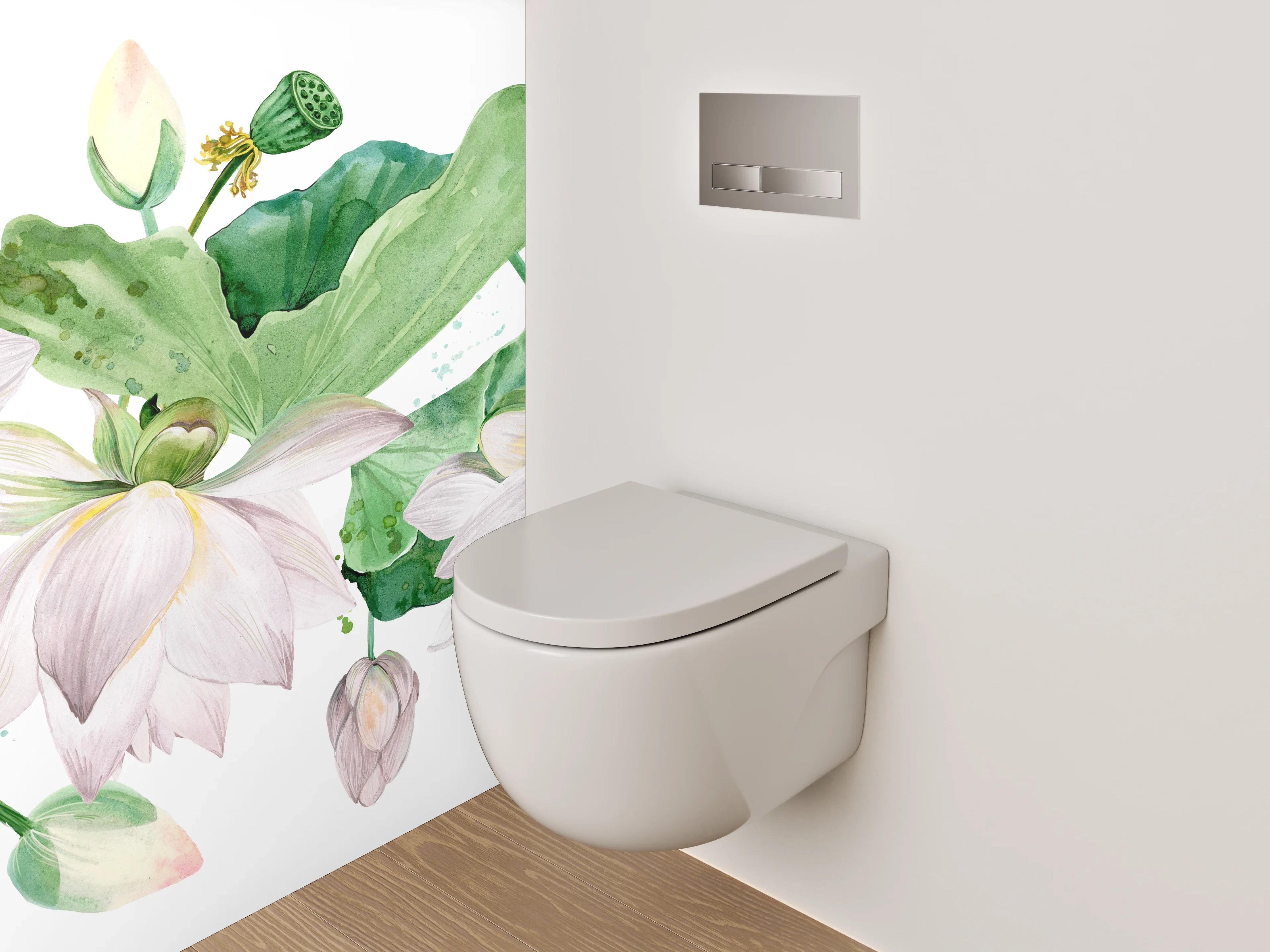 WC-Rückwand - Aquarell Lotusblüten Weiß Grün Rosa