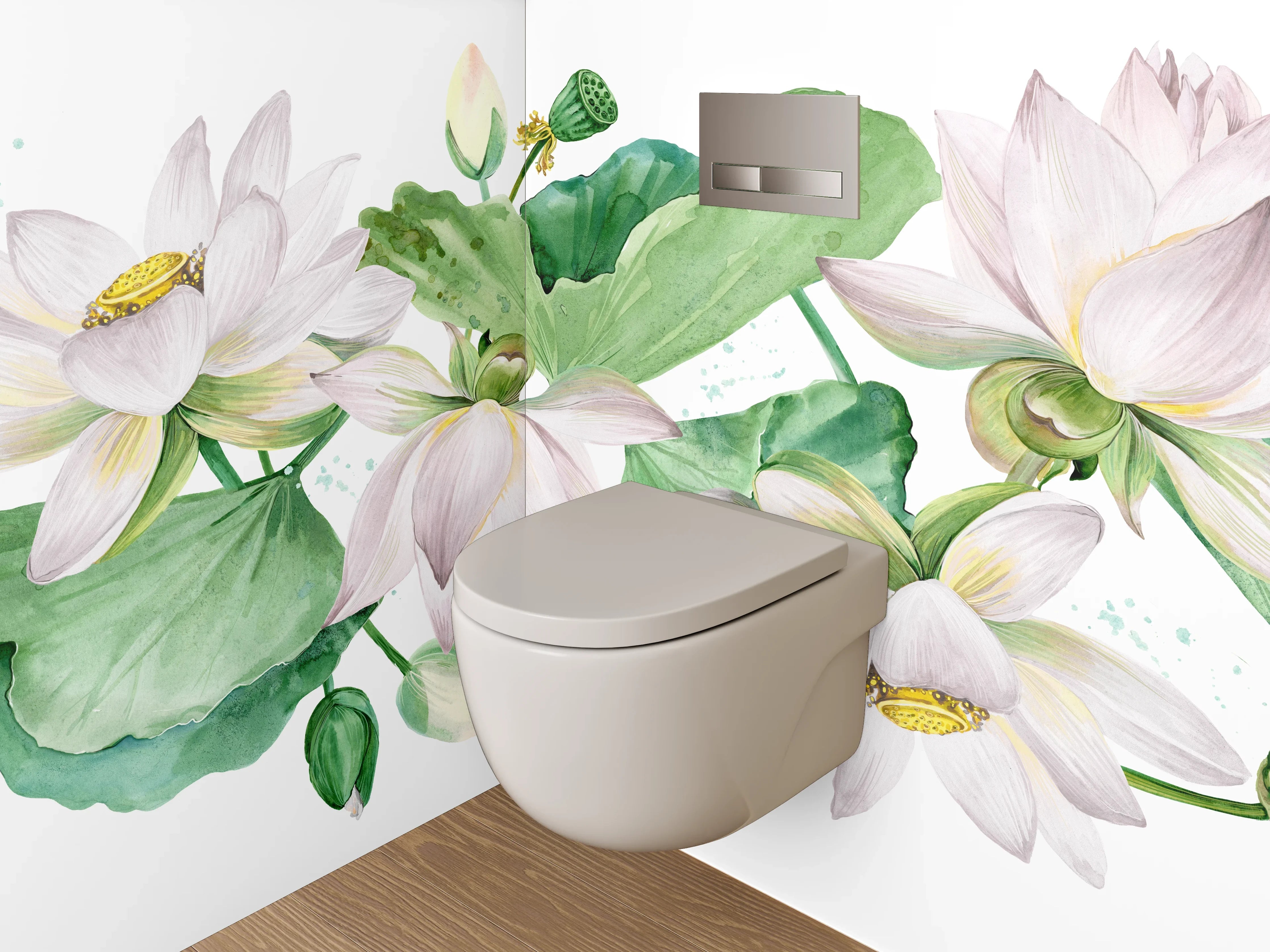 WC-Rückwand - Aquarell Lotusblüten Weiß Grün Rosa