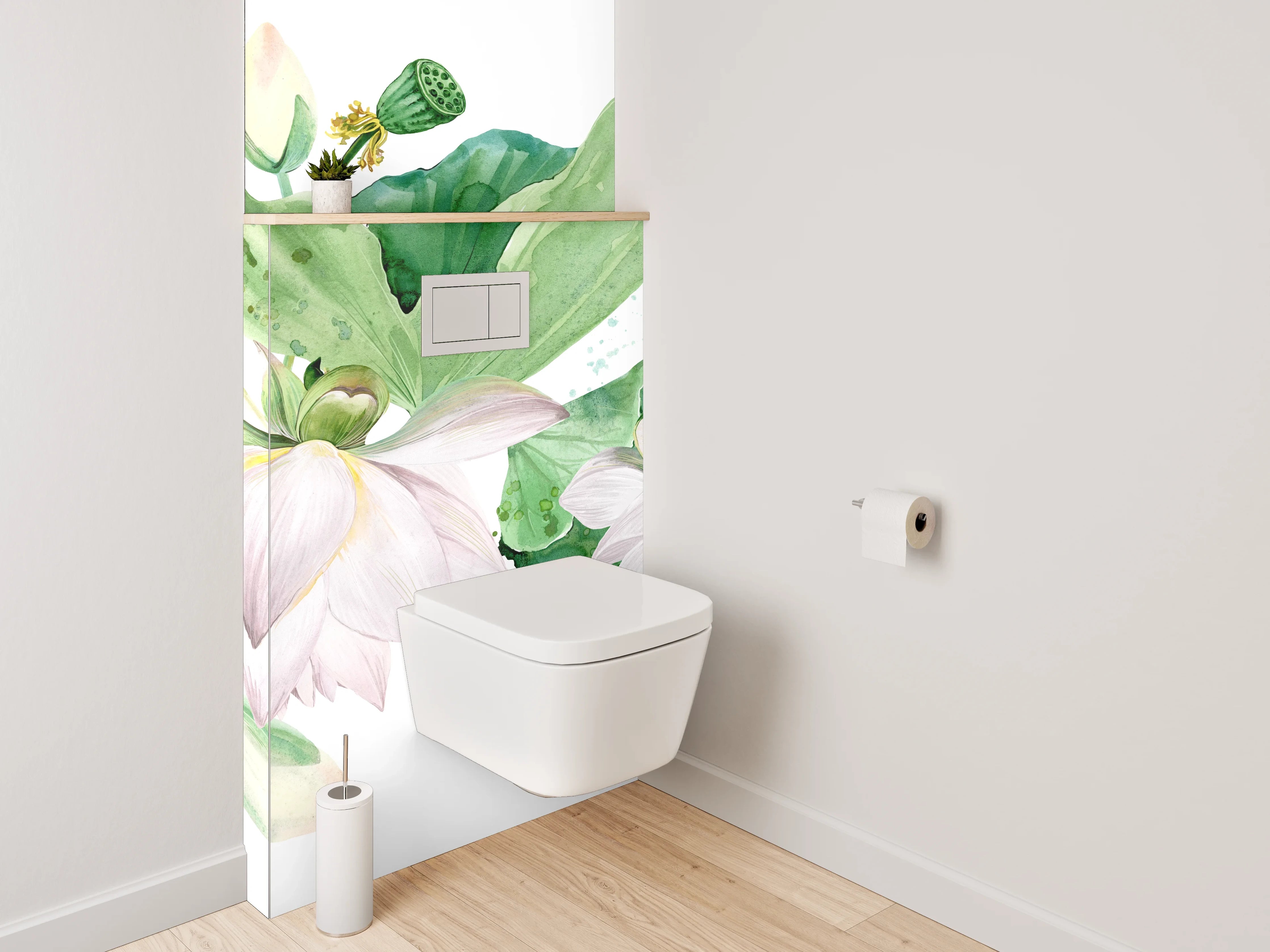 WC-Rückwand - Aquarell Lotusblüten Weiß Grün Rosa