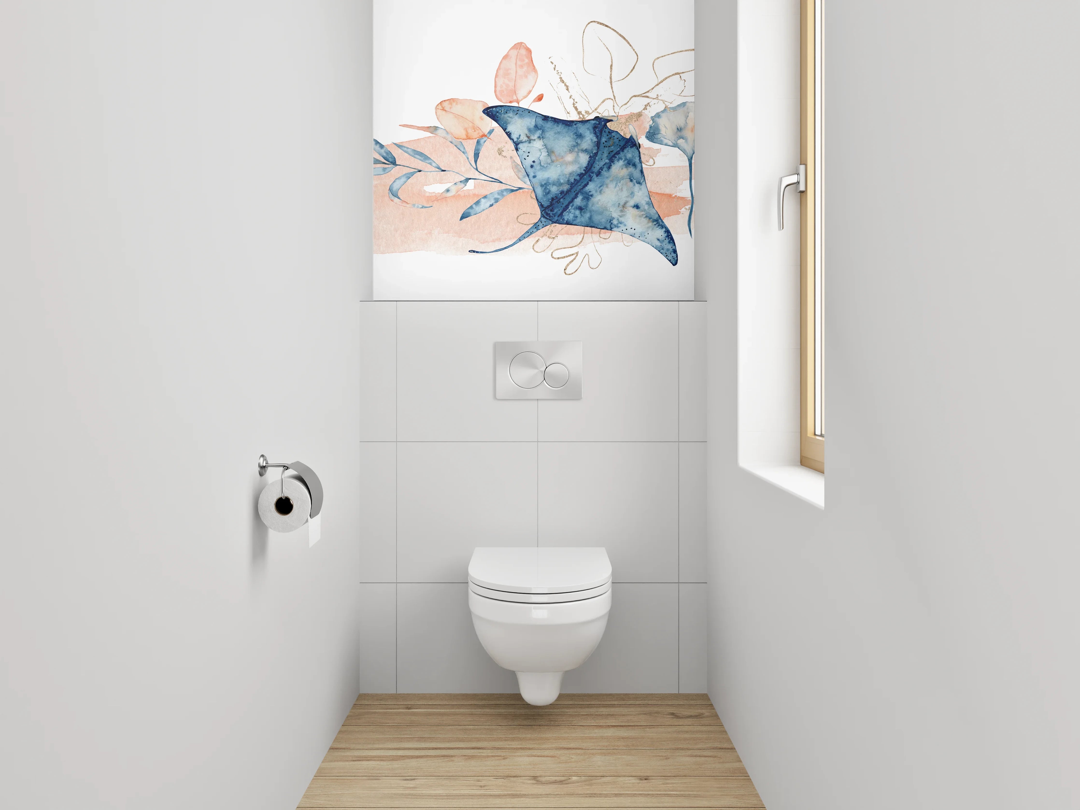 WC-Rückwand - Aquarell Mantarochen und Blüten