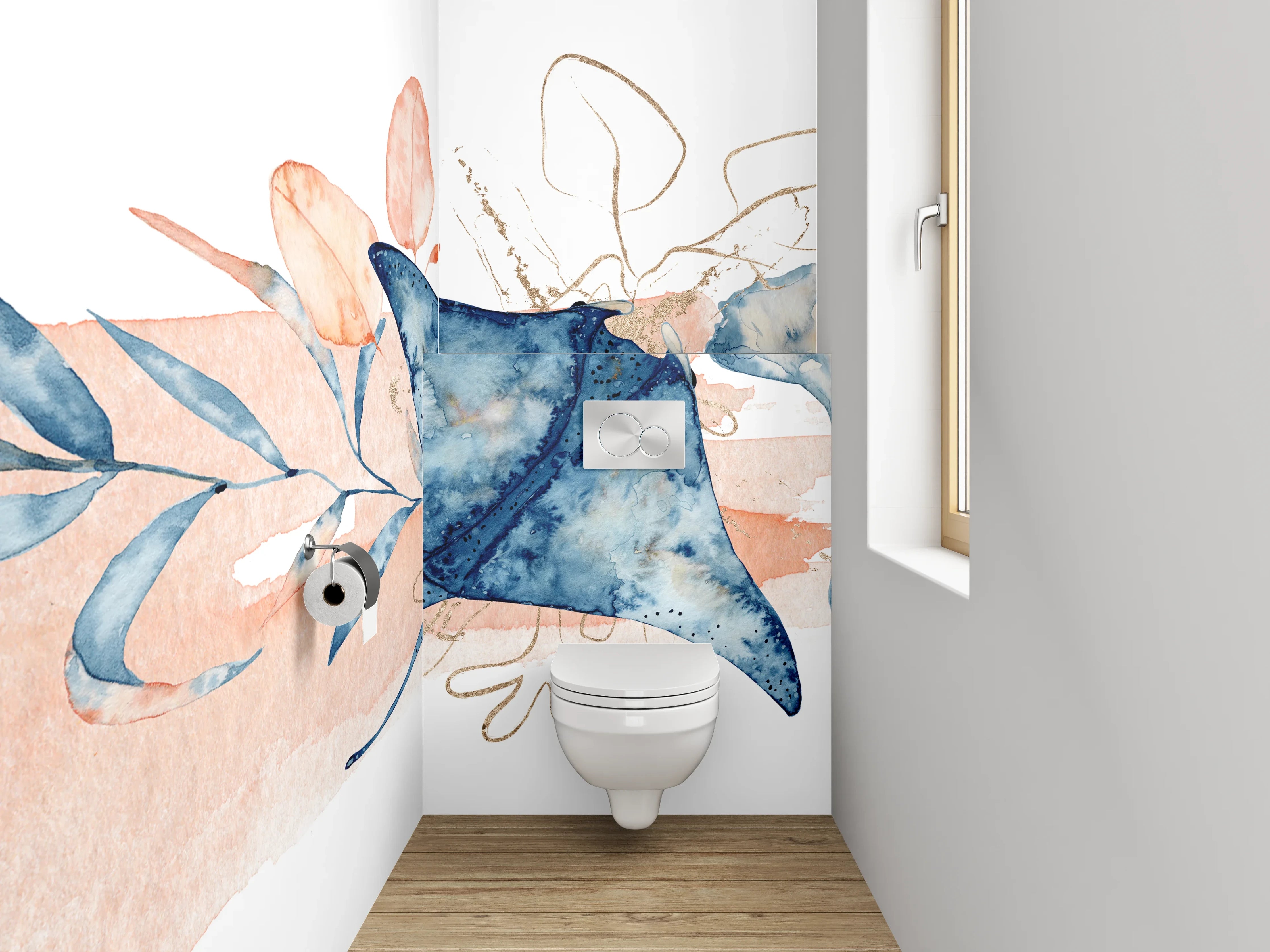 WC-Rückwand - Aquarell Mantarochen und Blüten