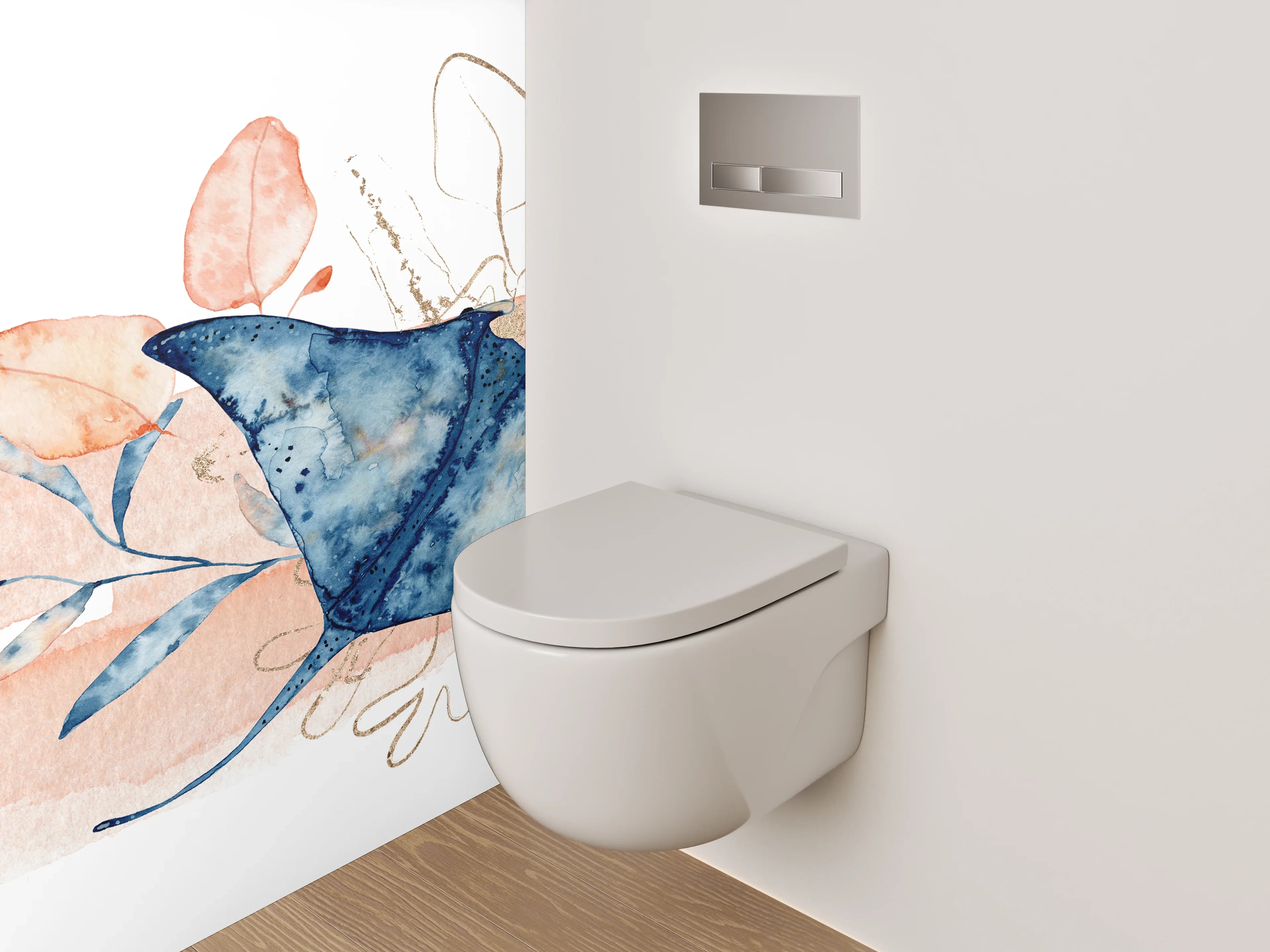WC-Rückwand - Aquarell Mantarochen und Blüten