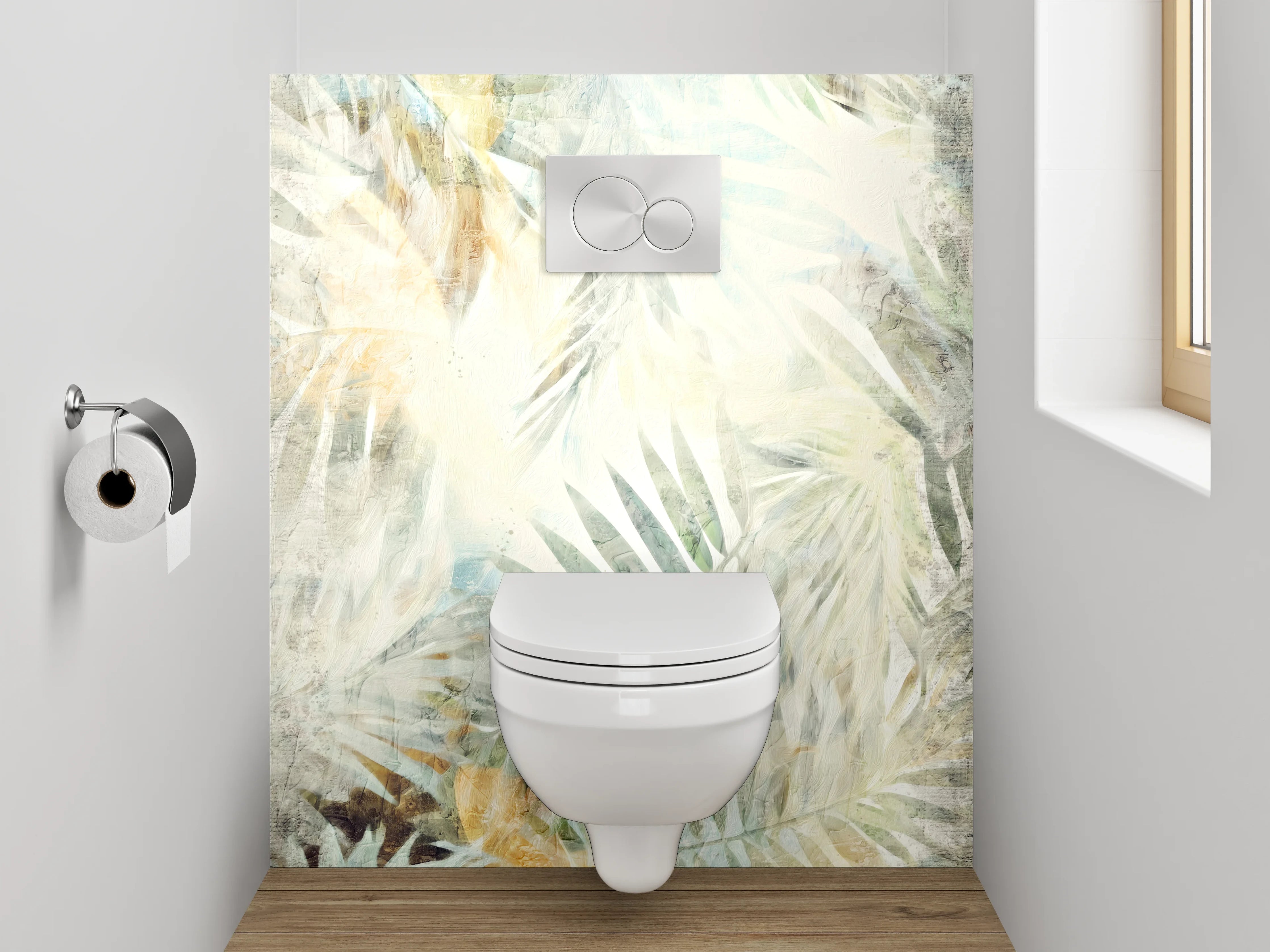 WC-Rückwand - Aquarell Palmenmuster Weiß Beige
