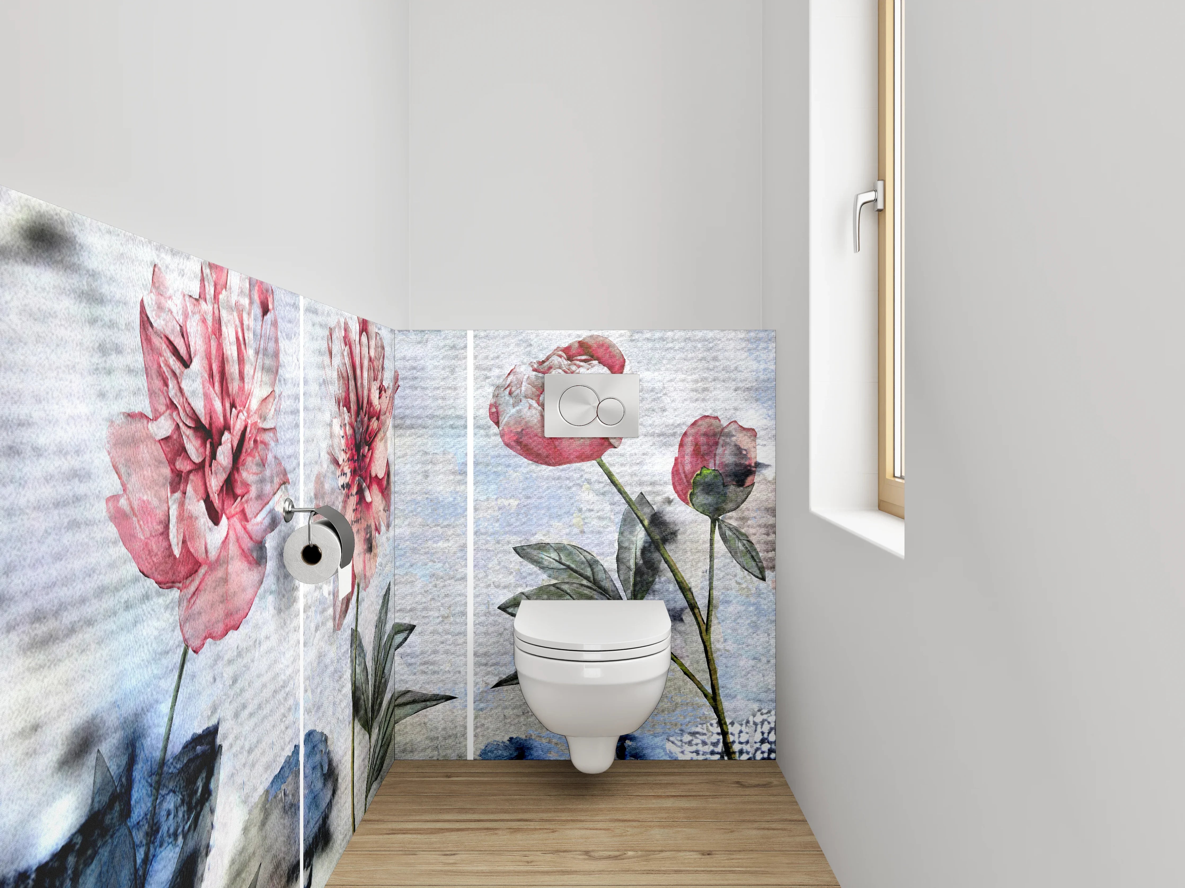 WC-Rückwand - Aquarell Pfingstrosen auf sanftem Hintergrund