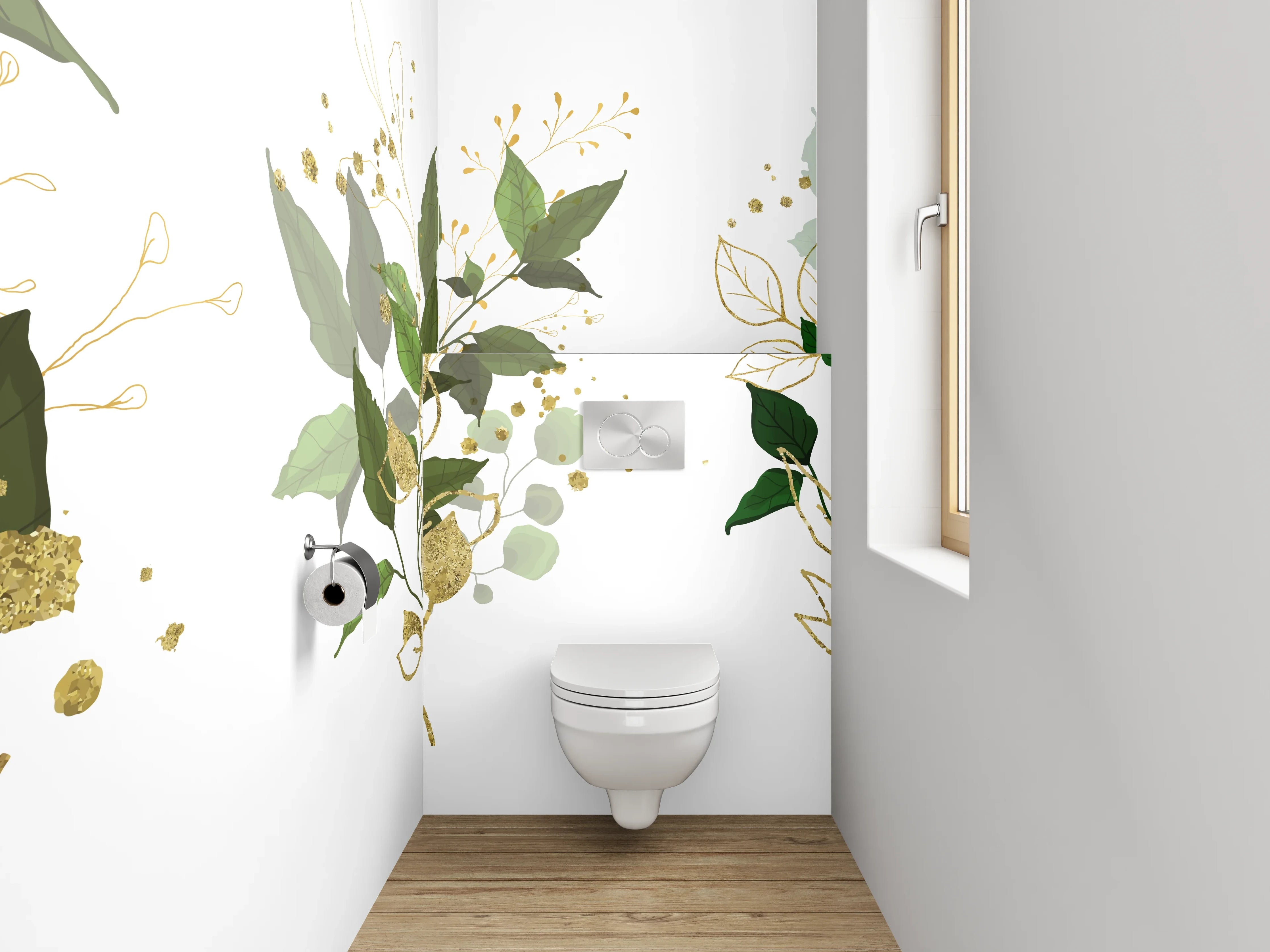 WC-Rückwand - Aquarell Pflanzen Poster Grün Gold