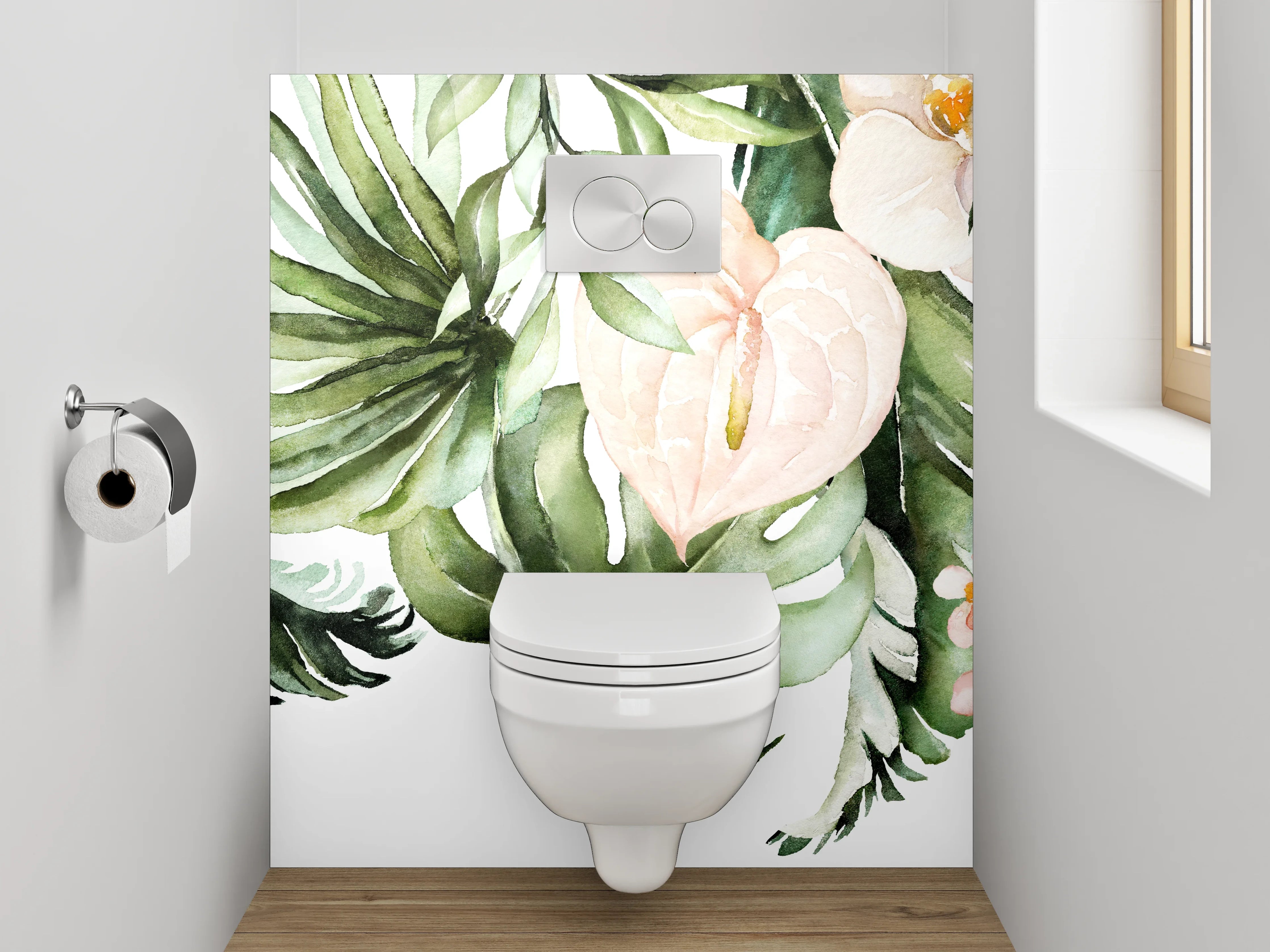 WC-Rückwand - Aquarell Tropenblätter & zarte Blüten