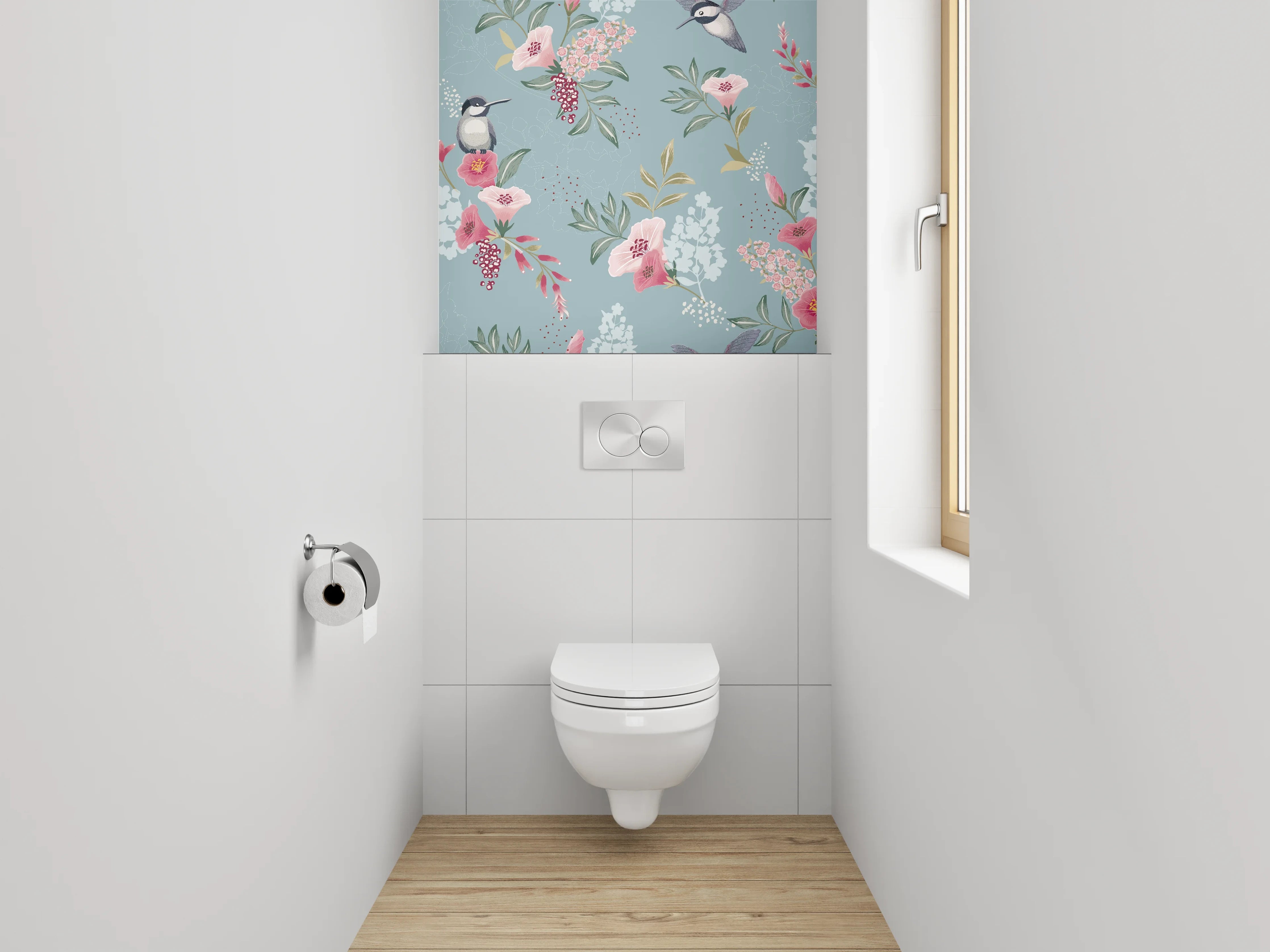WC-Rückwand - Aquarell Vogel & Blumen Muster Blau