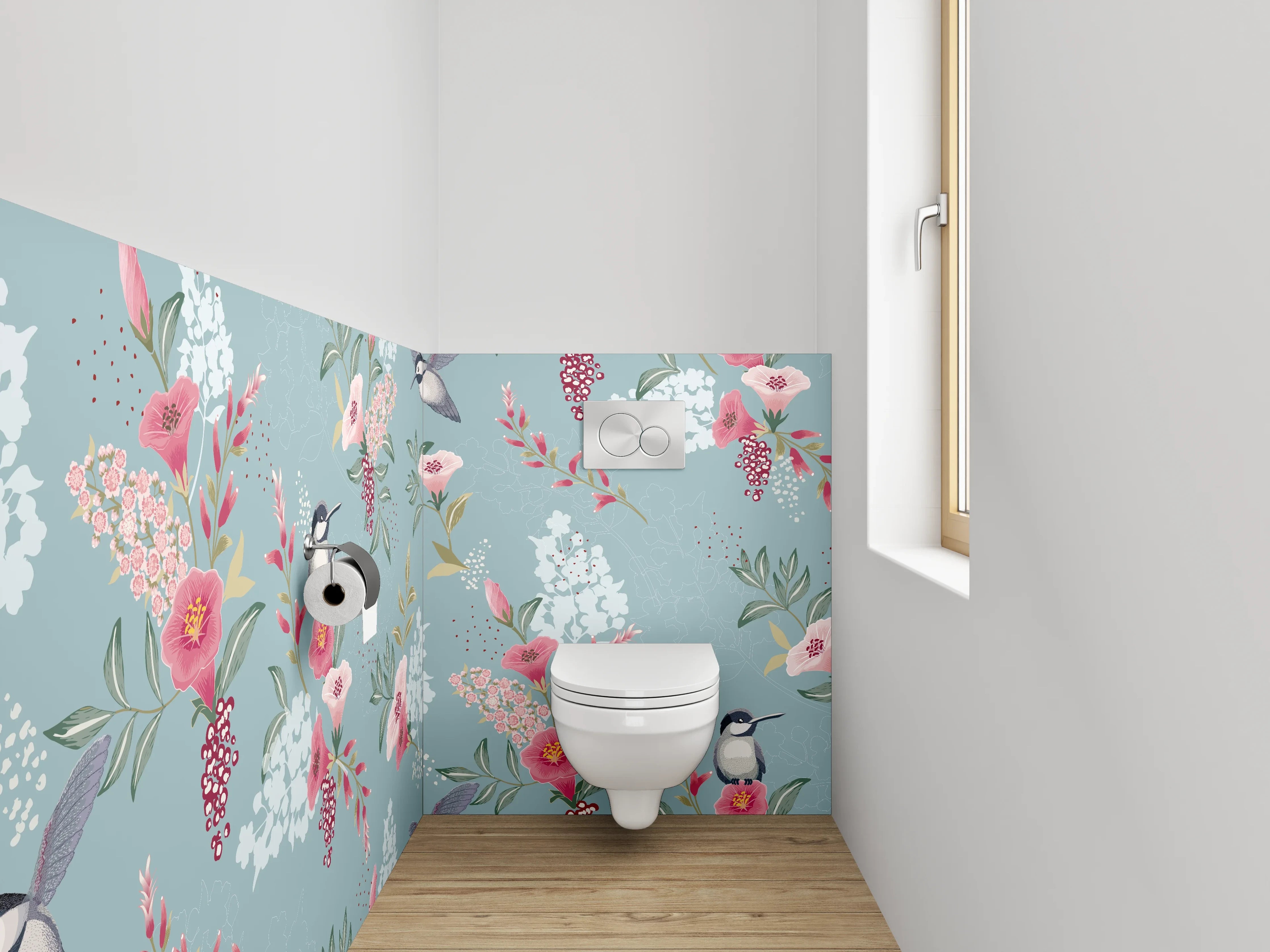 WC-Rückwand - Aquarell Vogel & Blumen Muster Blau
