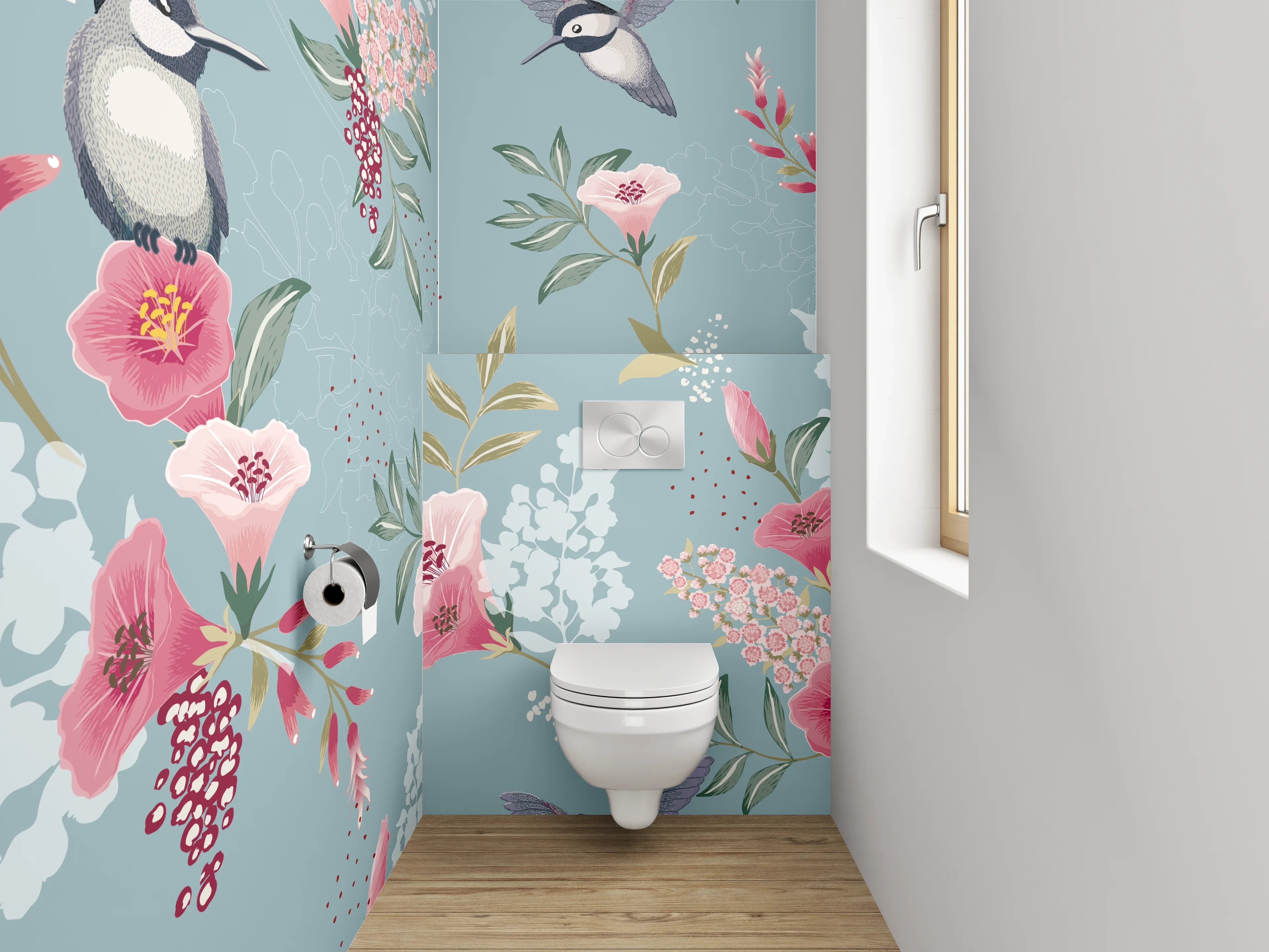 WC-Rückwand - Aquarell Vogel & Blumen Muster Blau
