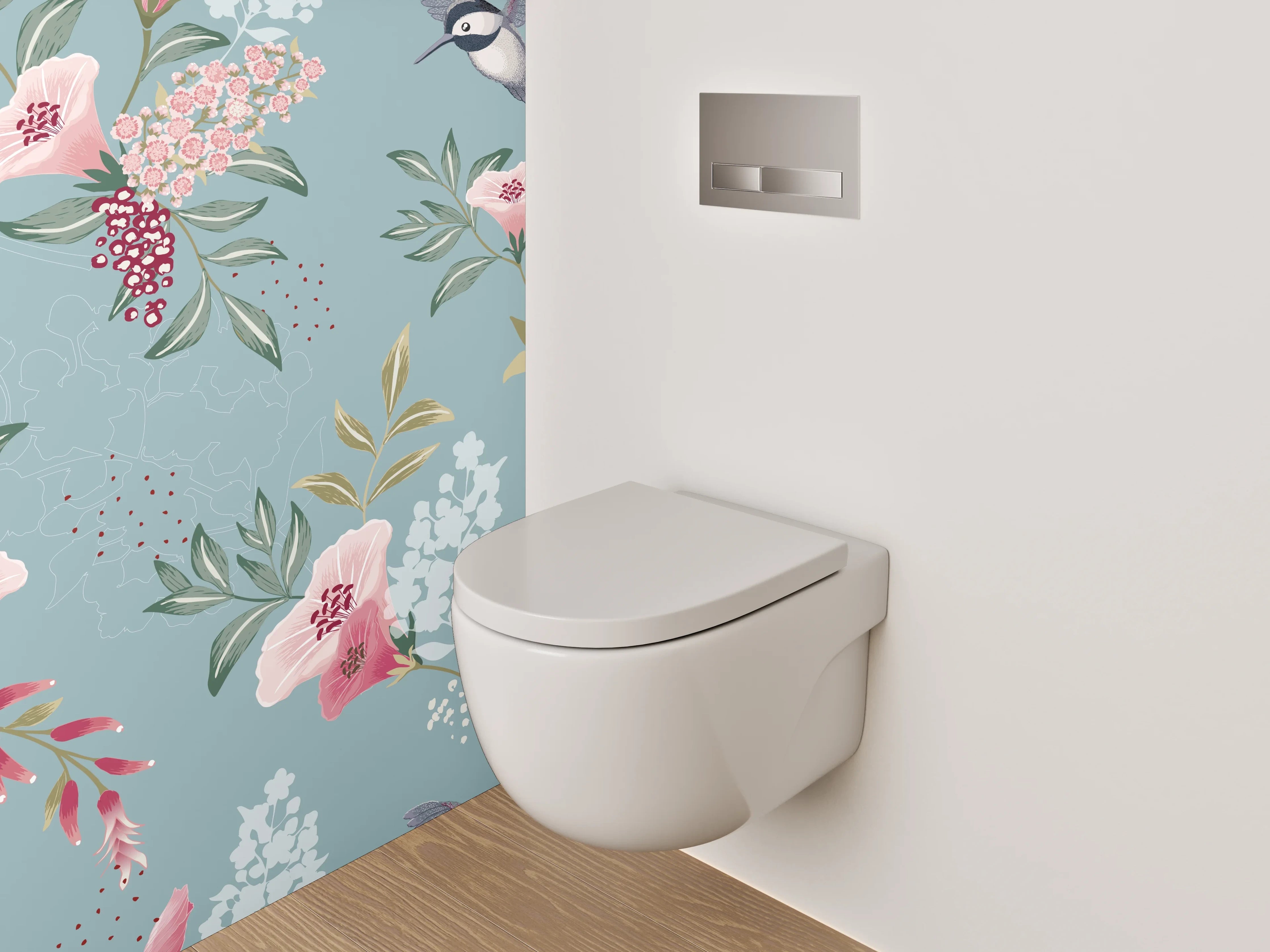WC-Rückwand - Aquarell Vogel & Blumen Muster Blau