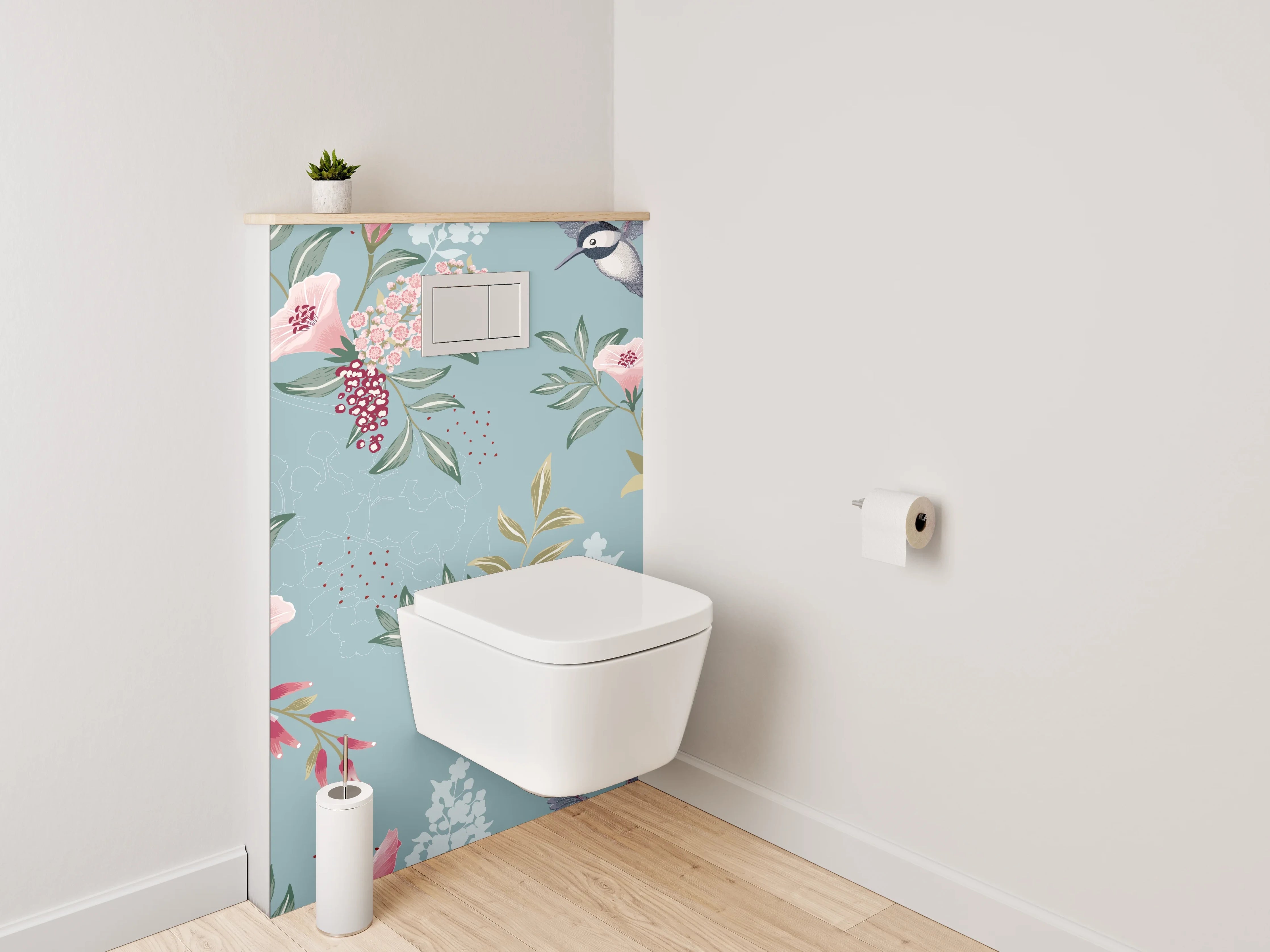 WC-Rückwand - Aquarell Vogel & Blumen Muster Blau