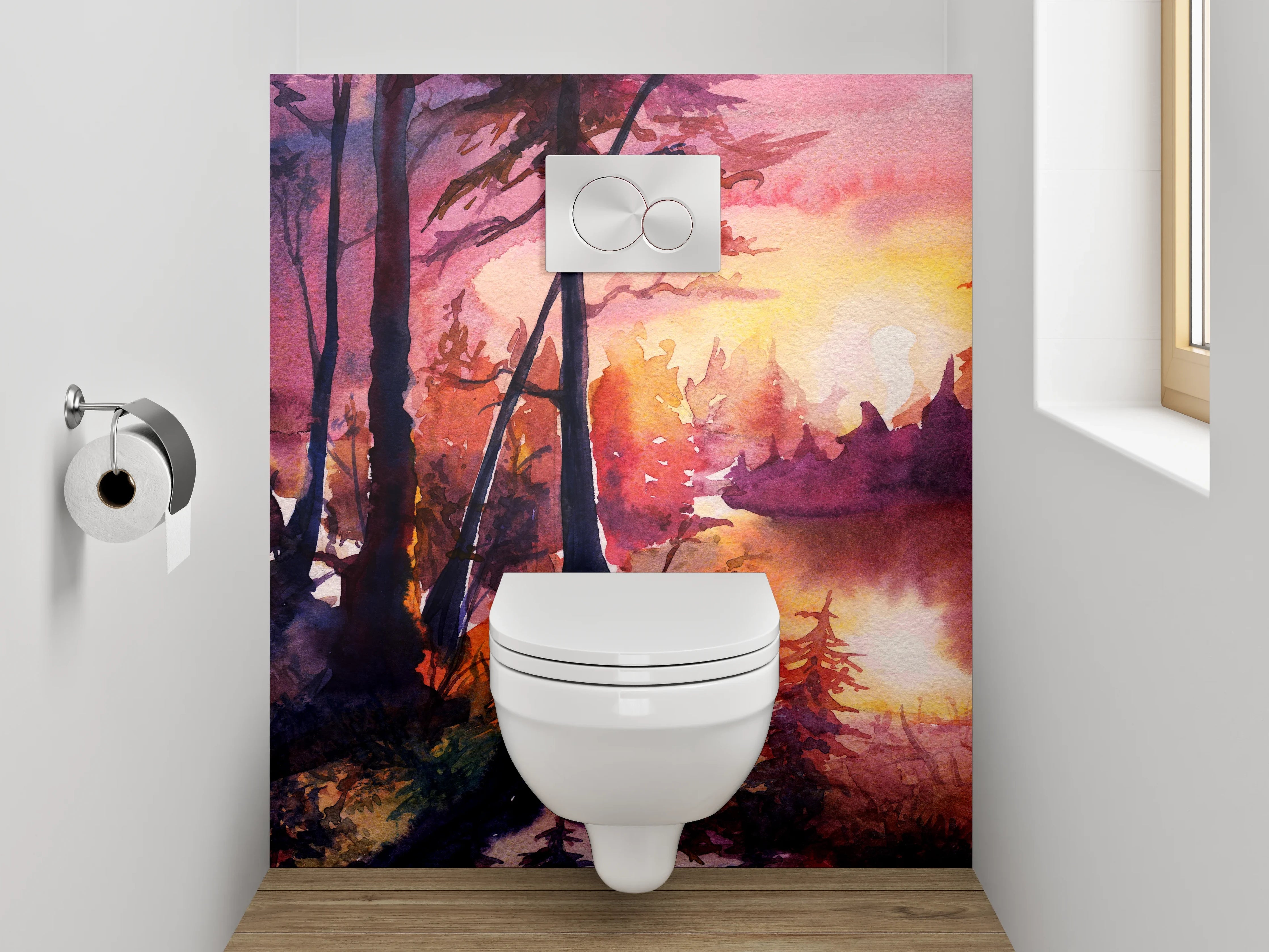 WC-Rückwand - Aquarell Waldsee Sonnenuntergang Kunstwerk