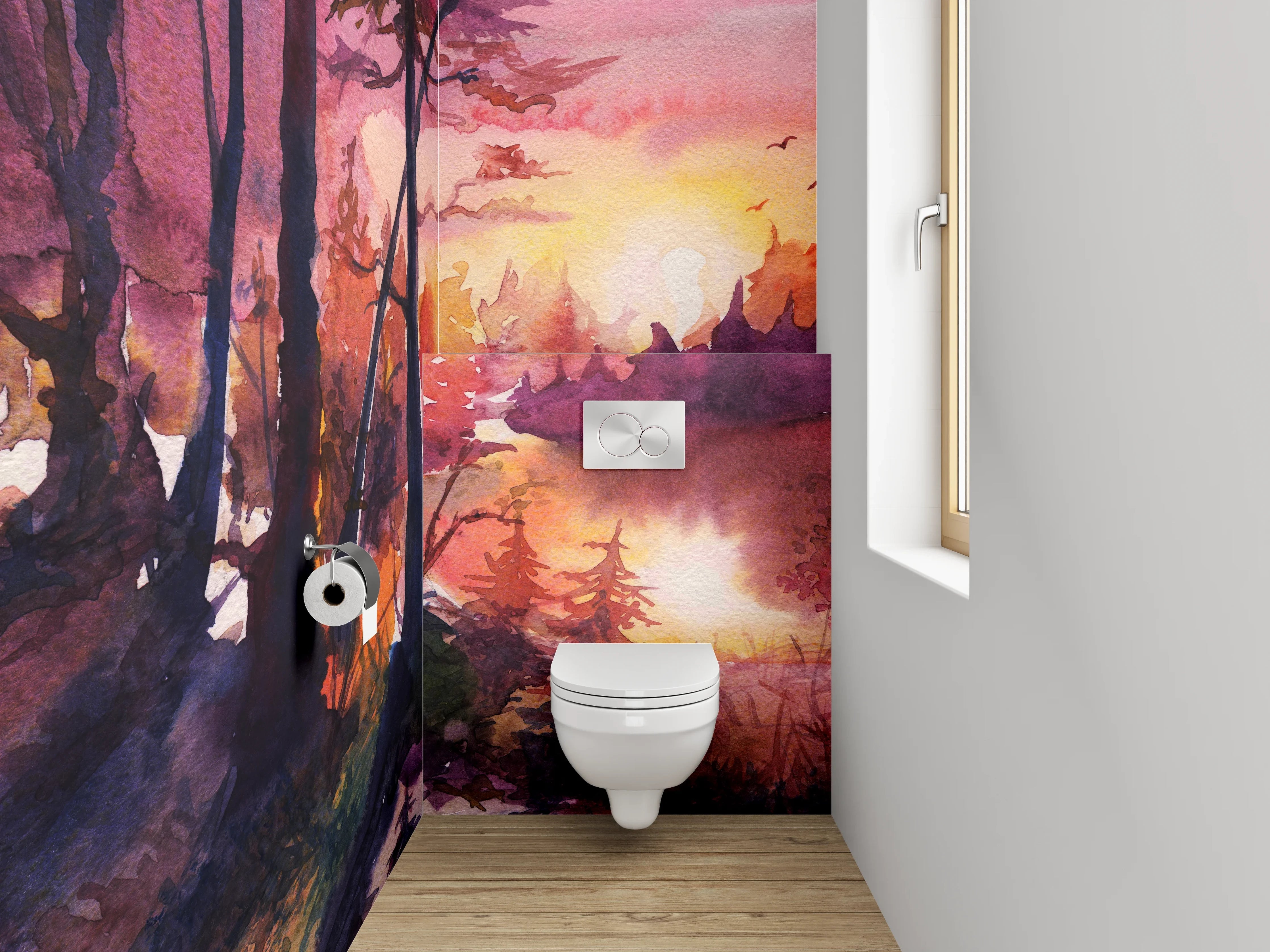 WC-Rückwand - Aquarell Waldsee Sonnenuntergang Kunstwerk
