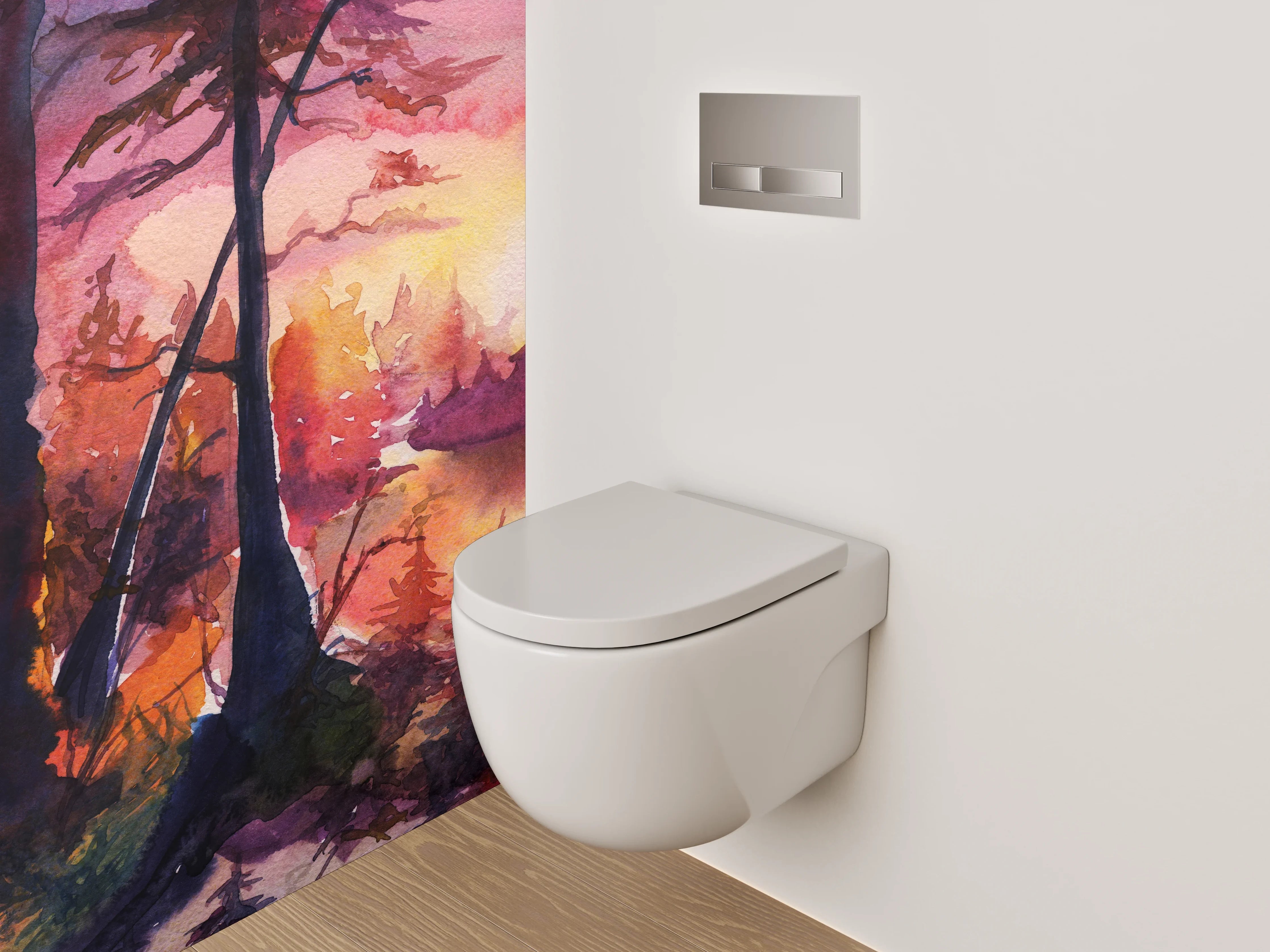 WC-Rückwand - Aquarell Waldsee Sonnenuntergang Kunstwerk