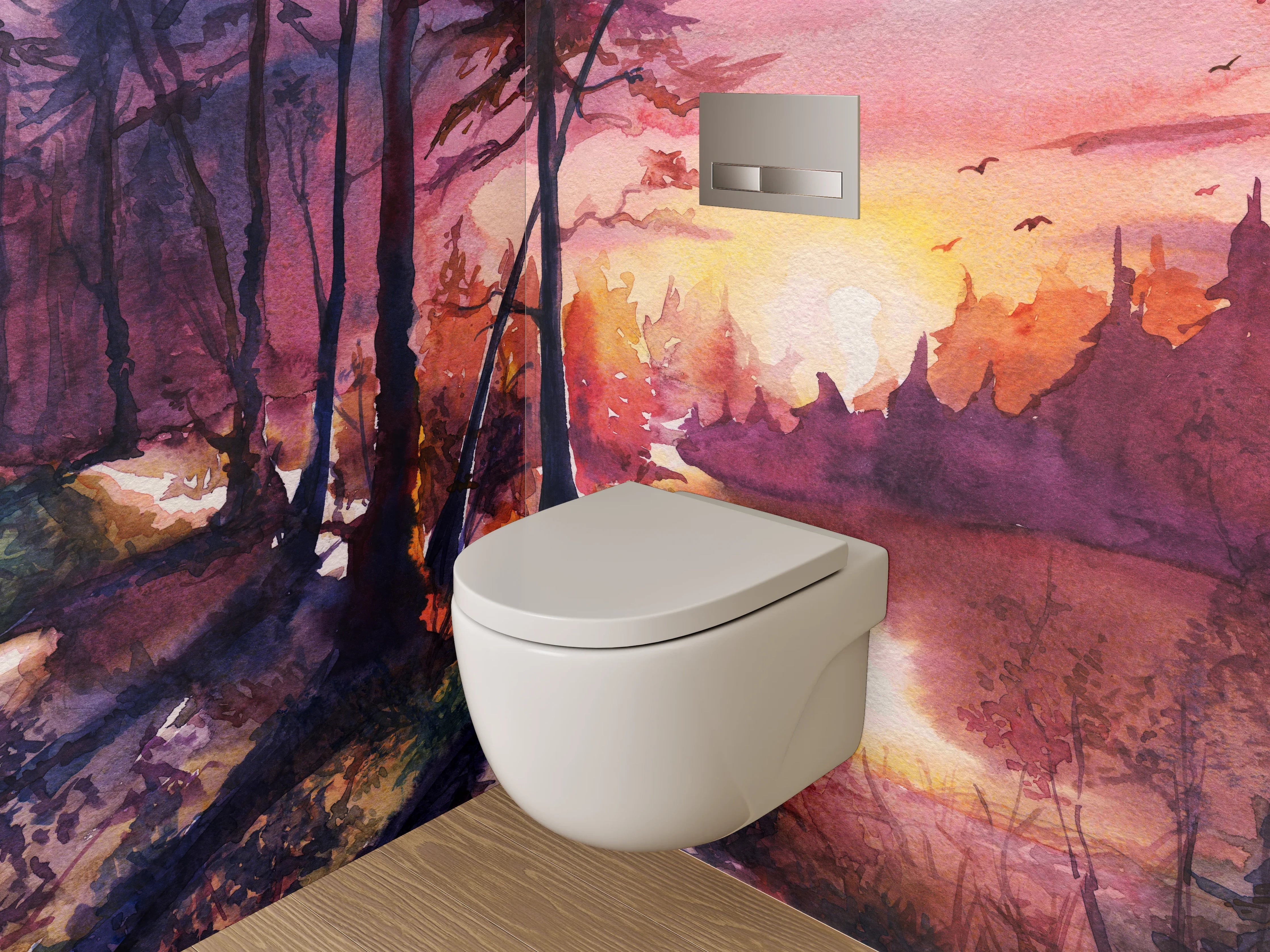 WC-Rückwand - Aquarell Waldsee Sonnenuntergang Kunstwerk