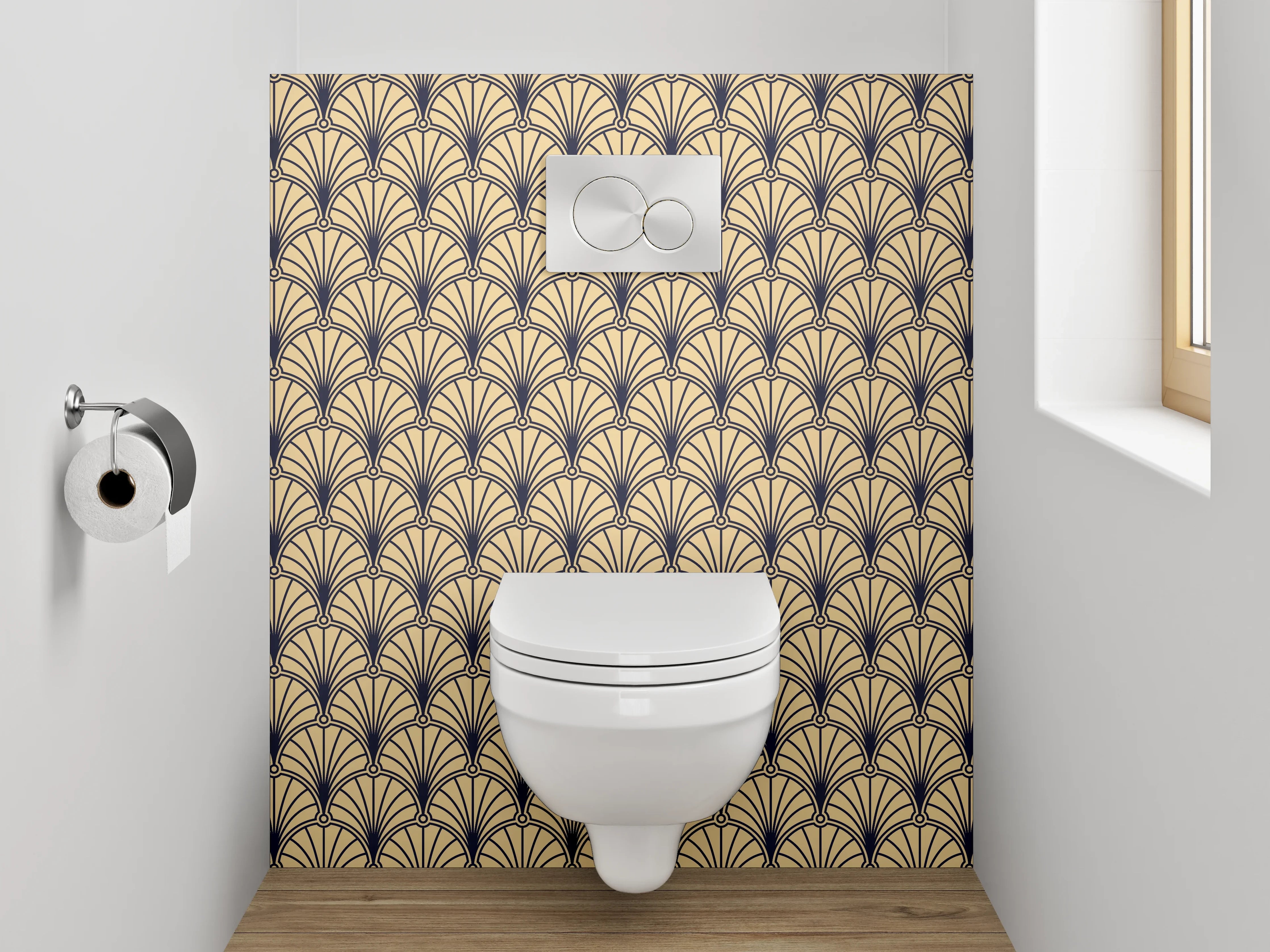 WC-Rückwand - Art Deco Fächer Muster beige schwarz
