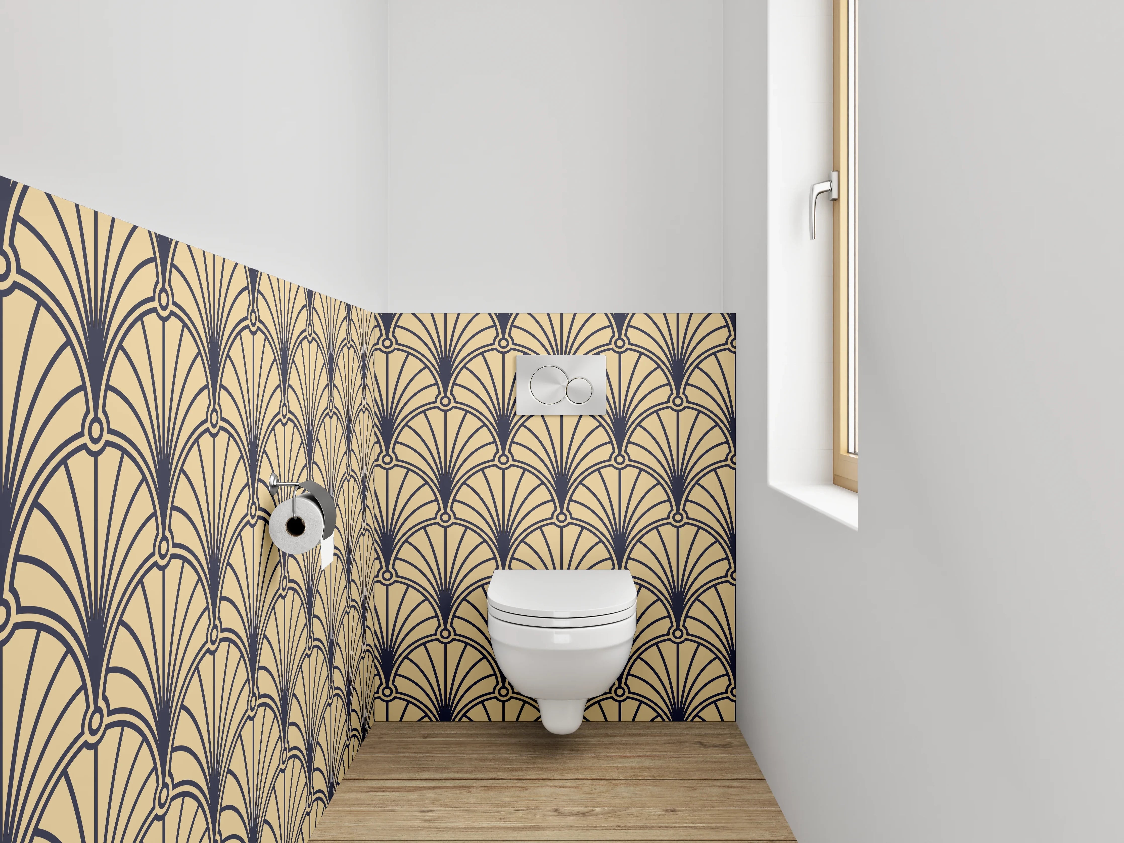 WC-Rückwand - Art Deco Fächer Muster beige schwarz