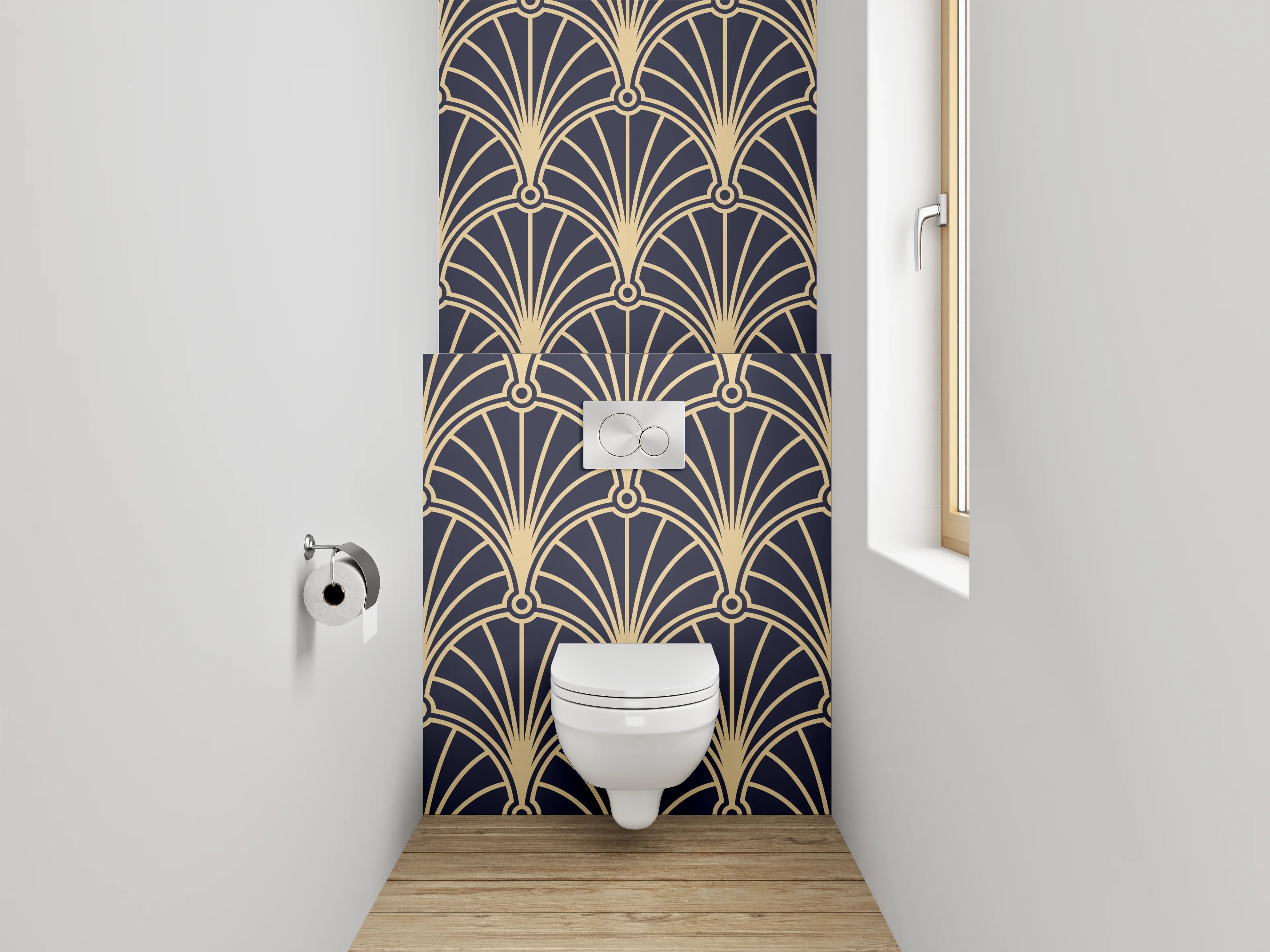 WC-Rückwand - Art Deco Muster Tapete Gold Schwarz
