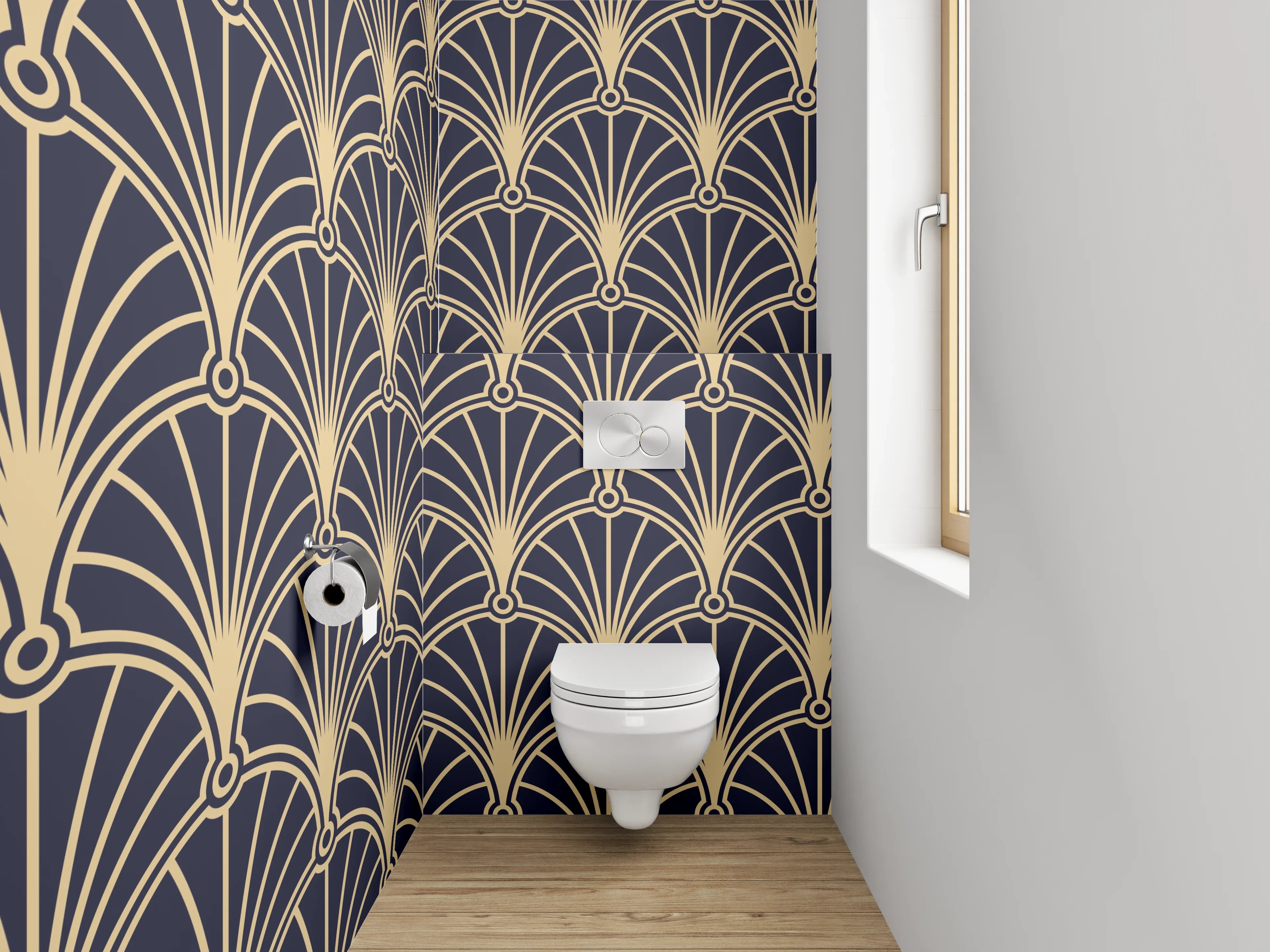 WC-Rückwand - Art Deco Muster Tapete Gold Schwarz