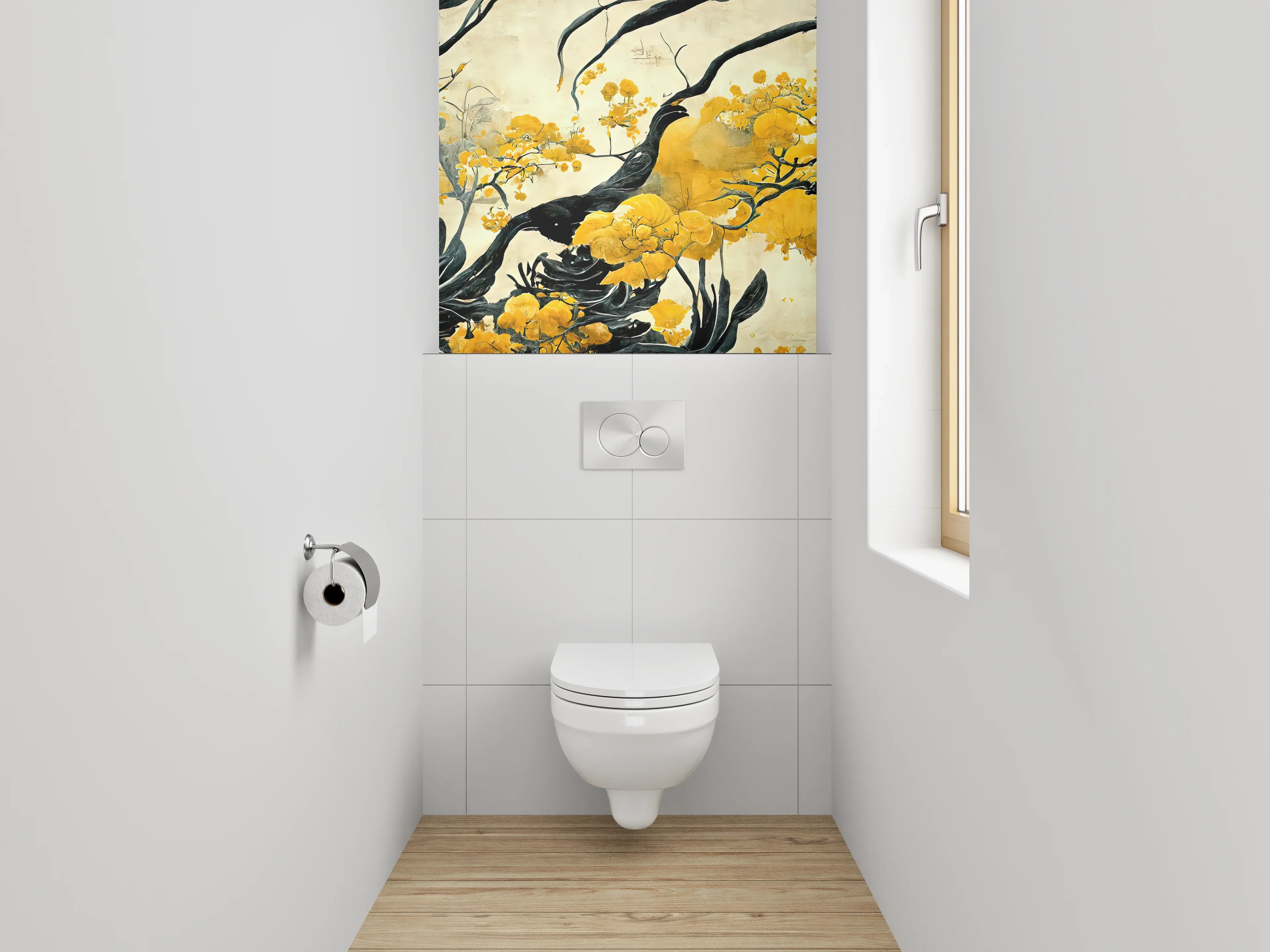 WC-Rückwand - Asiatische Blumen Malerei Schwarz Gelb