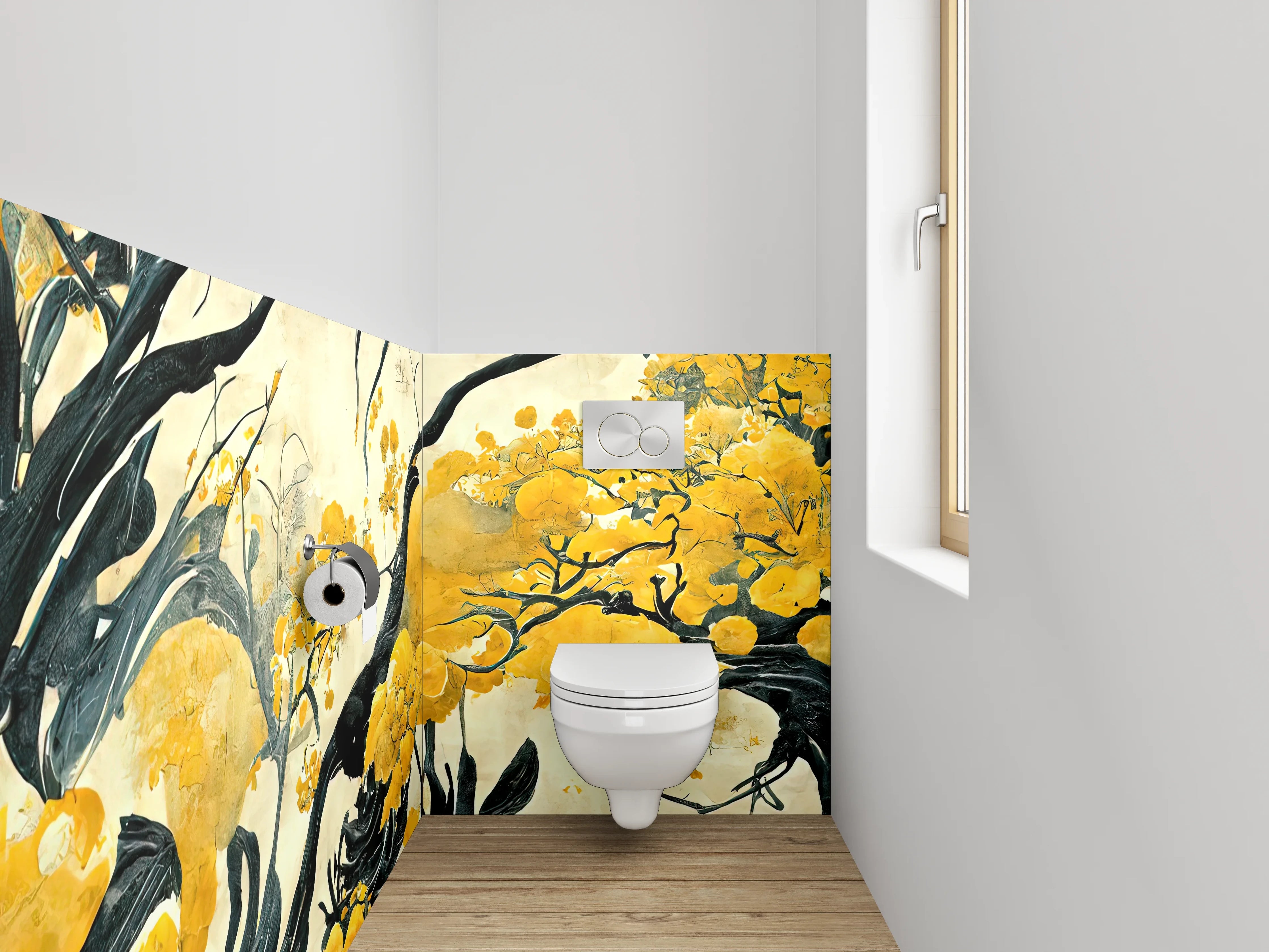 WC-Rückwand - Asiatische Blumen Malerei Schwarz Gelb