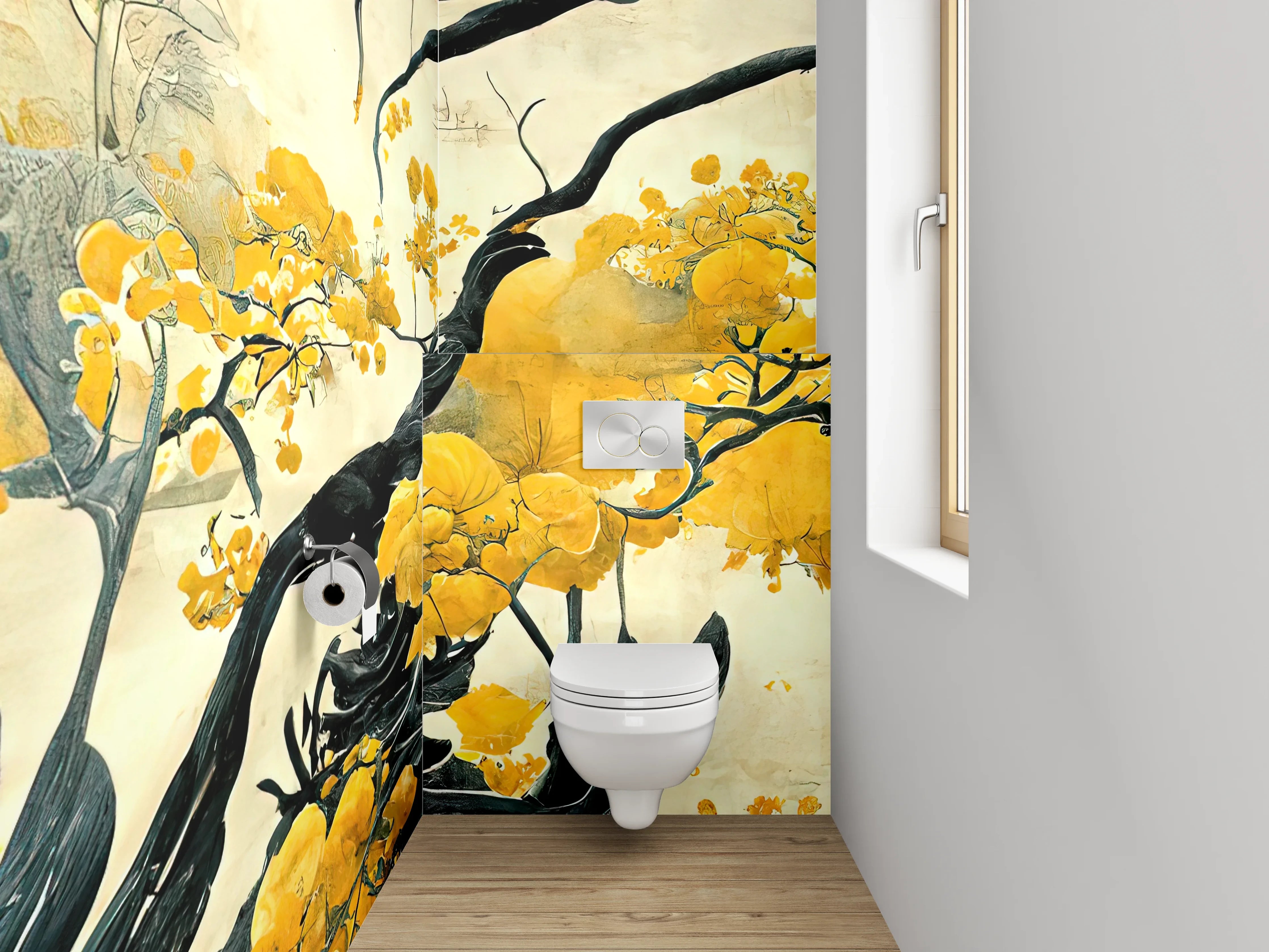 WC-Rückwand - Asiatische Blumen Malerei Schwarz Gelb