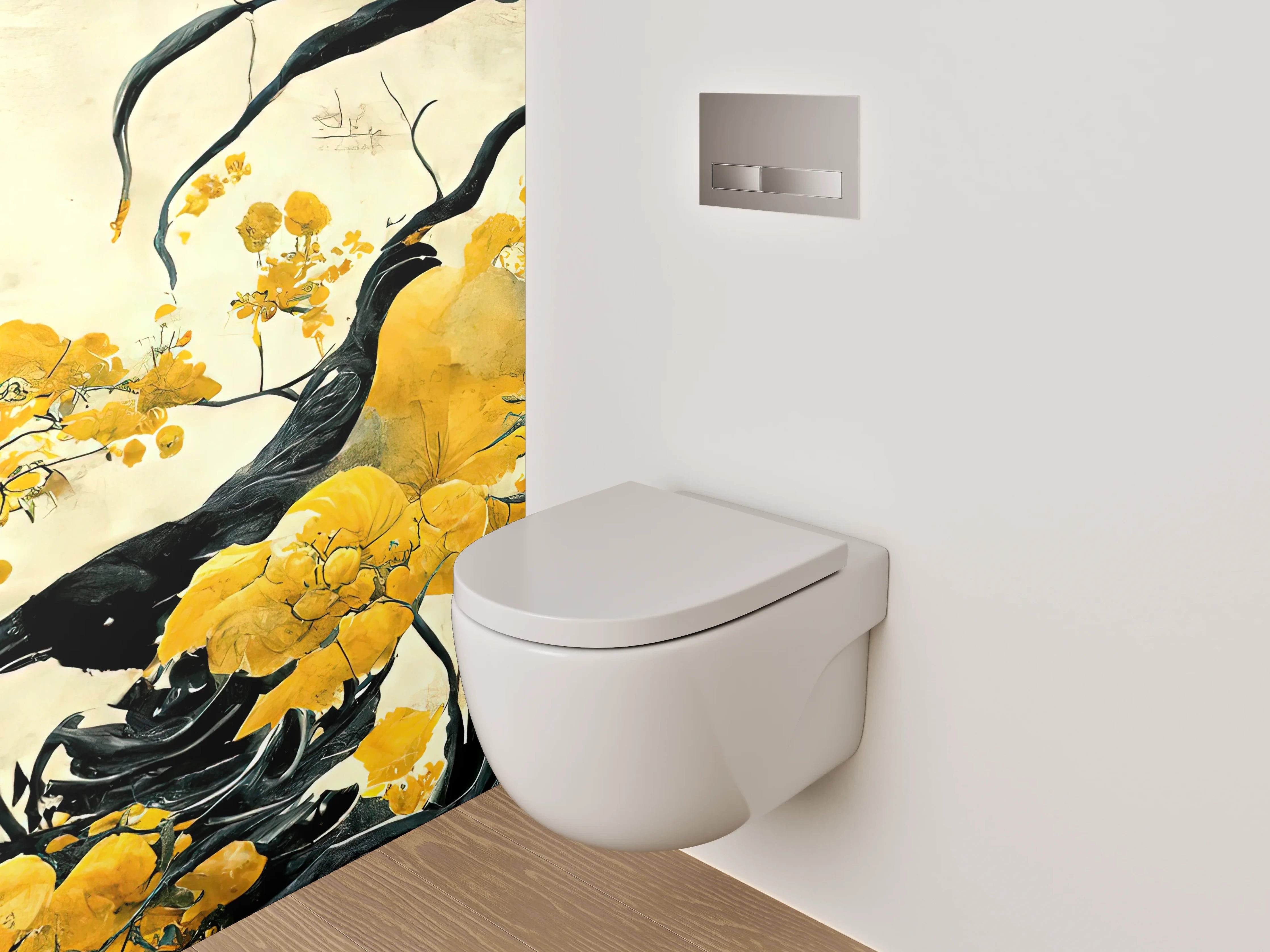 WC-Rückwand - Asiatische Blumen Malerei Schwarz Gelb
