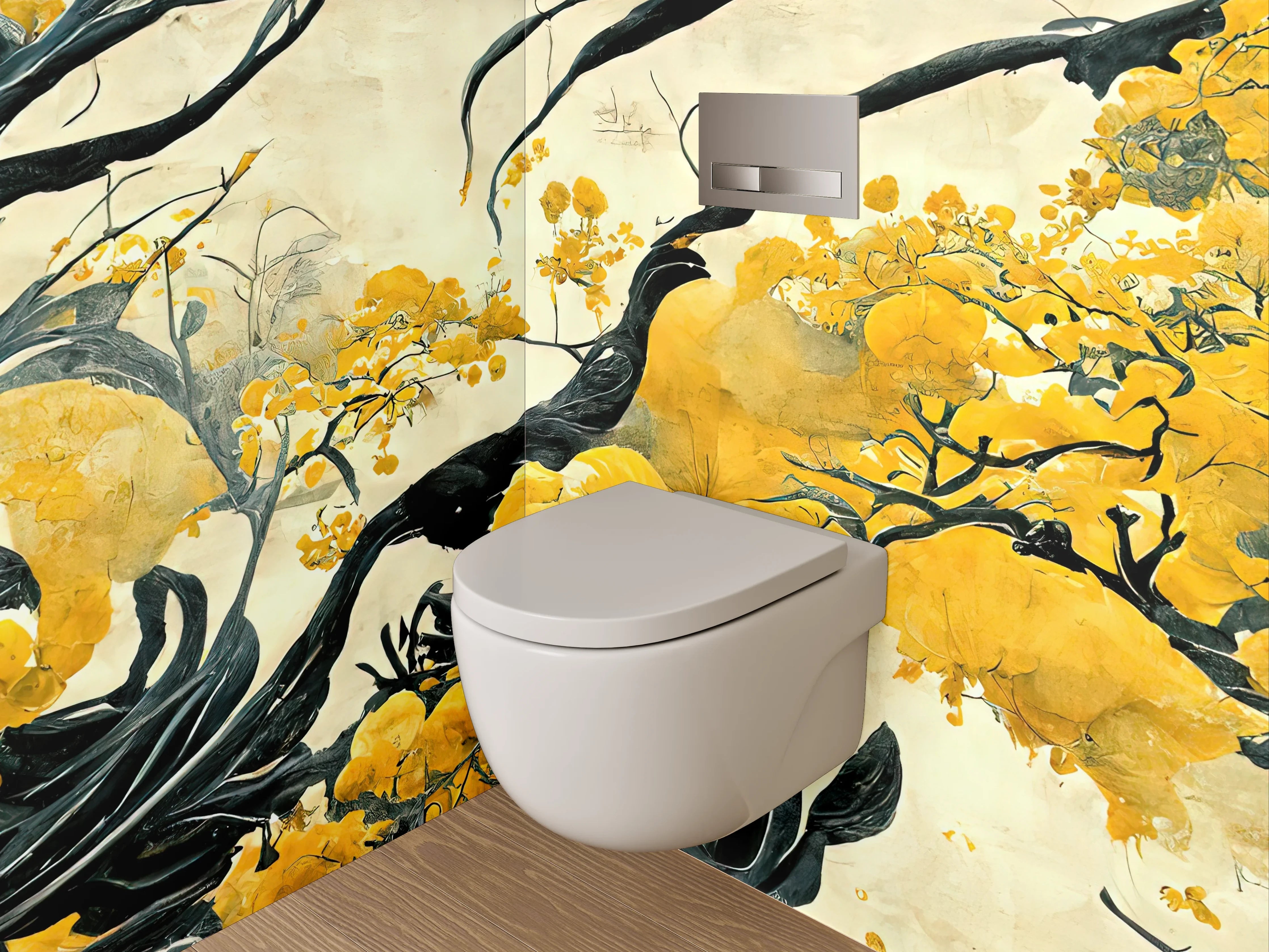 WC-Rückwand - Asiatische Blumen Malerei Schwarz Gelb