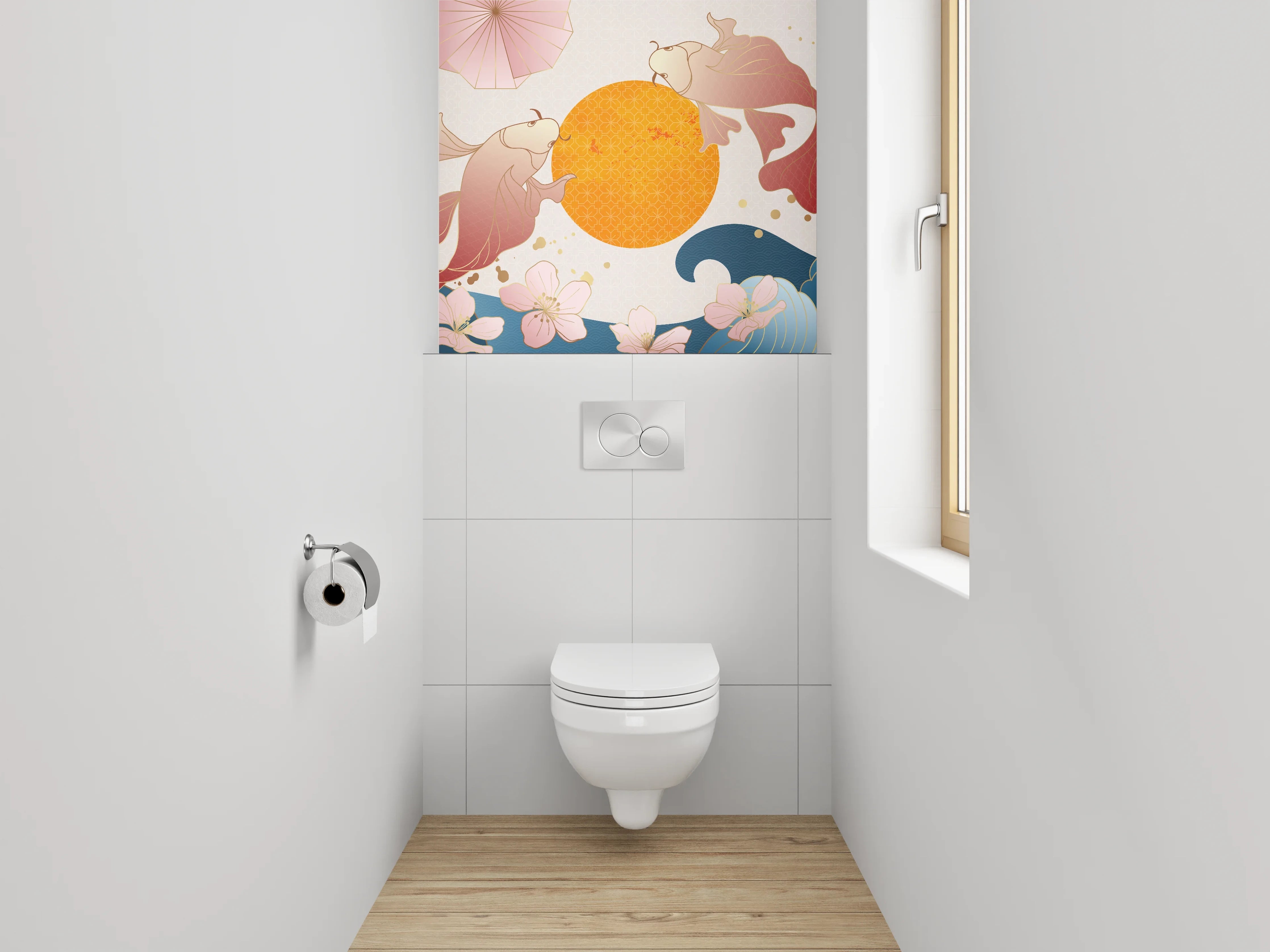 WC-Rückwand - Asiatische Koi und Wellen Kunstmotiv