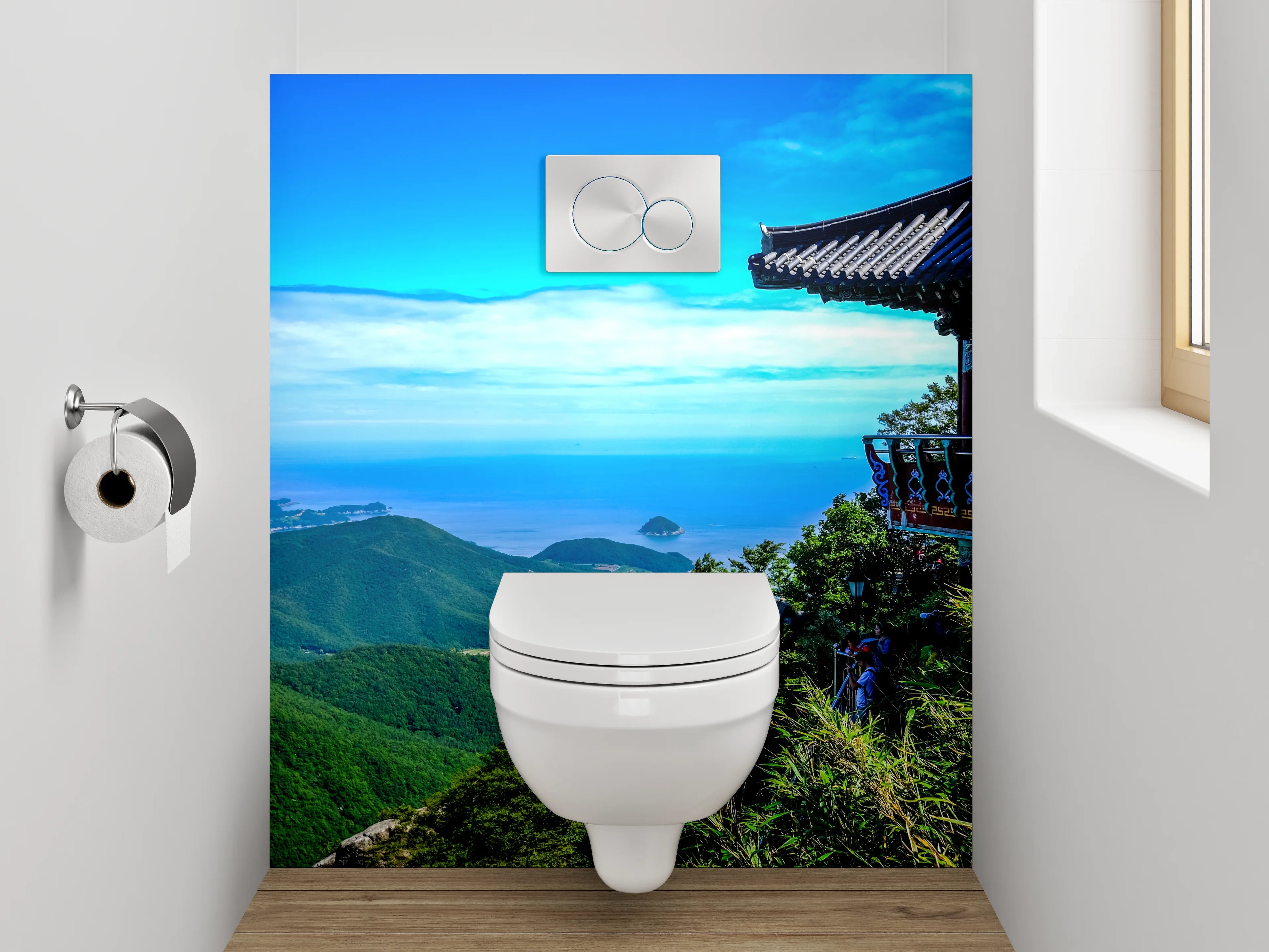 WC-Rückwand - Asiatischer Tempelblick am Meer