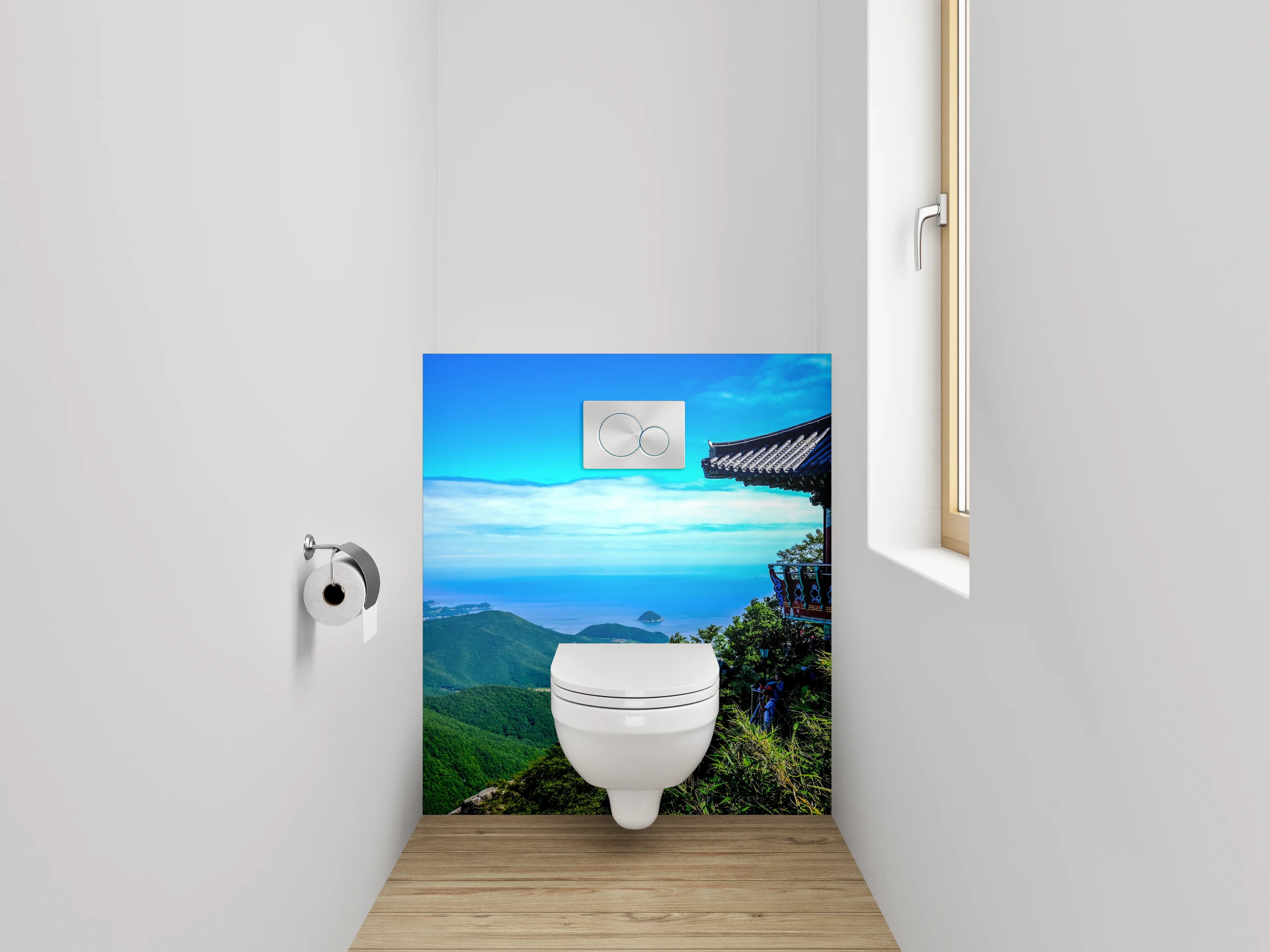 WC-Rückwand - Asiatischer Tempelblick am Meer