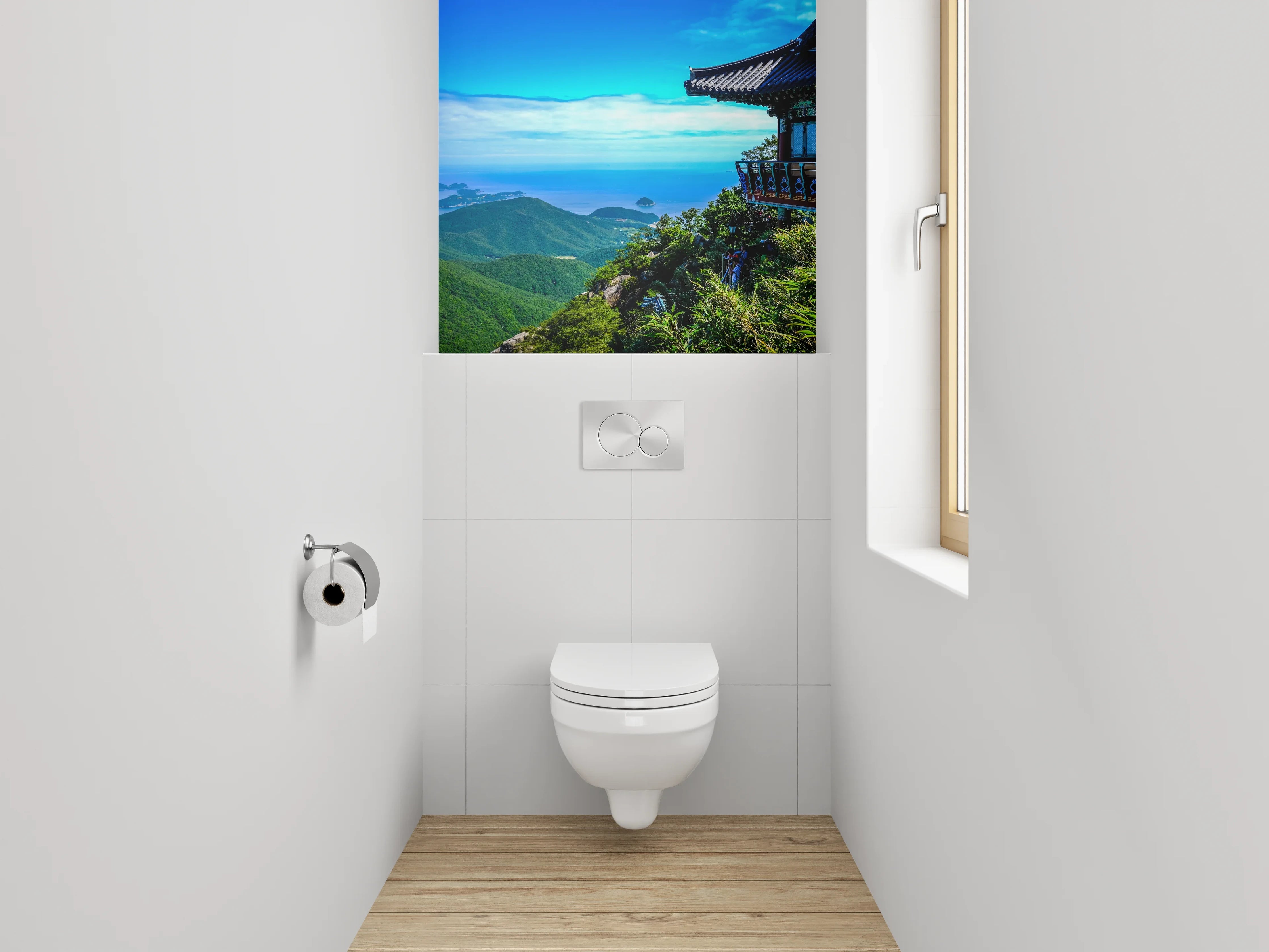 WC-Rückwand - Asiatischer Tempelblick am Meer