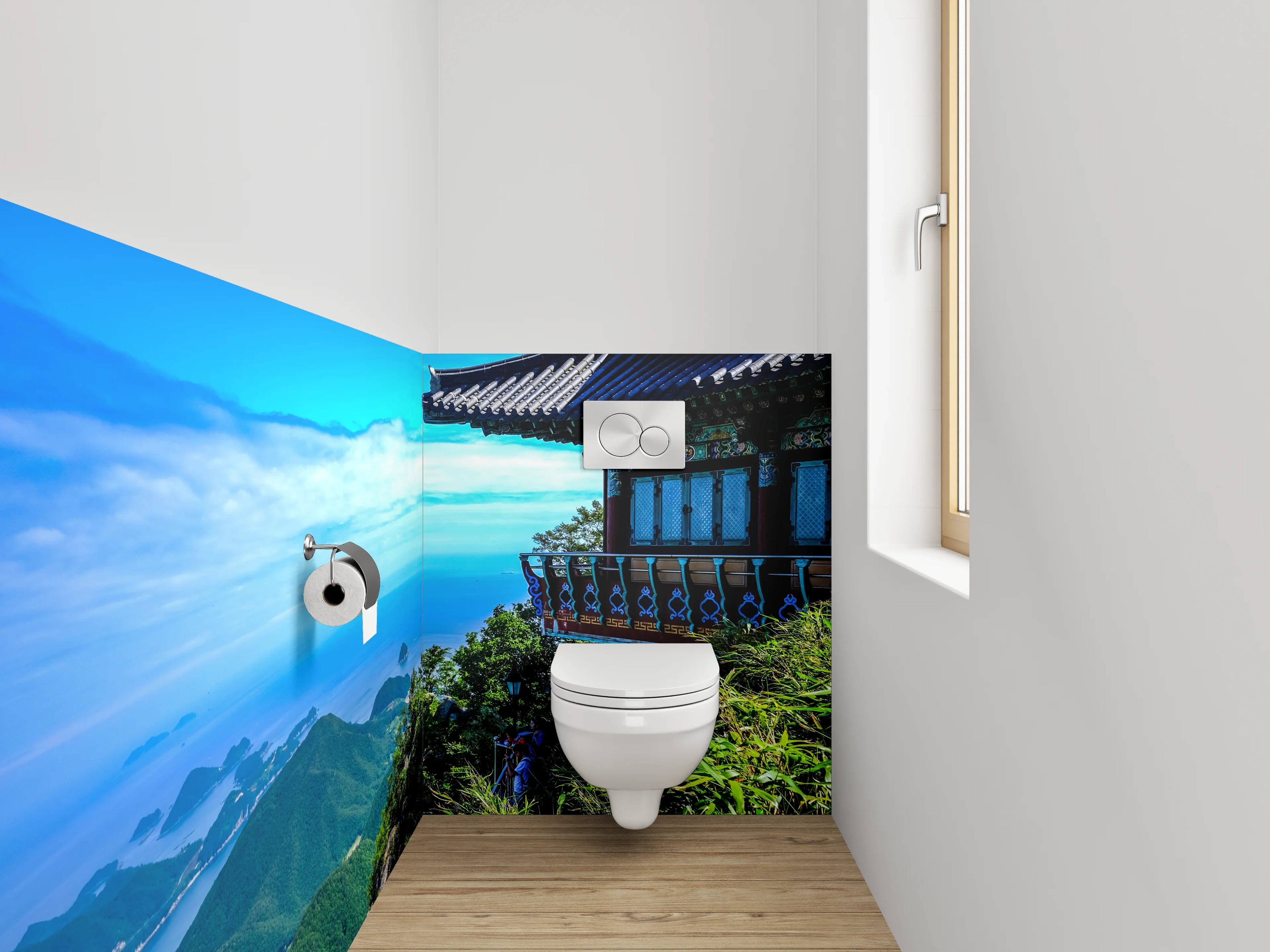 WC-Rückwand - Asiatischer Tempelblick am Meer