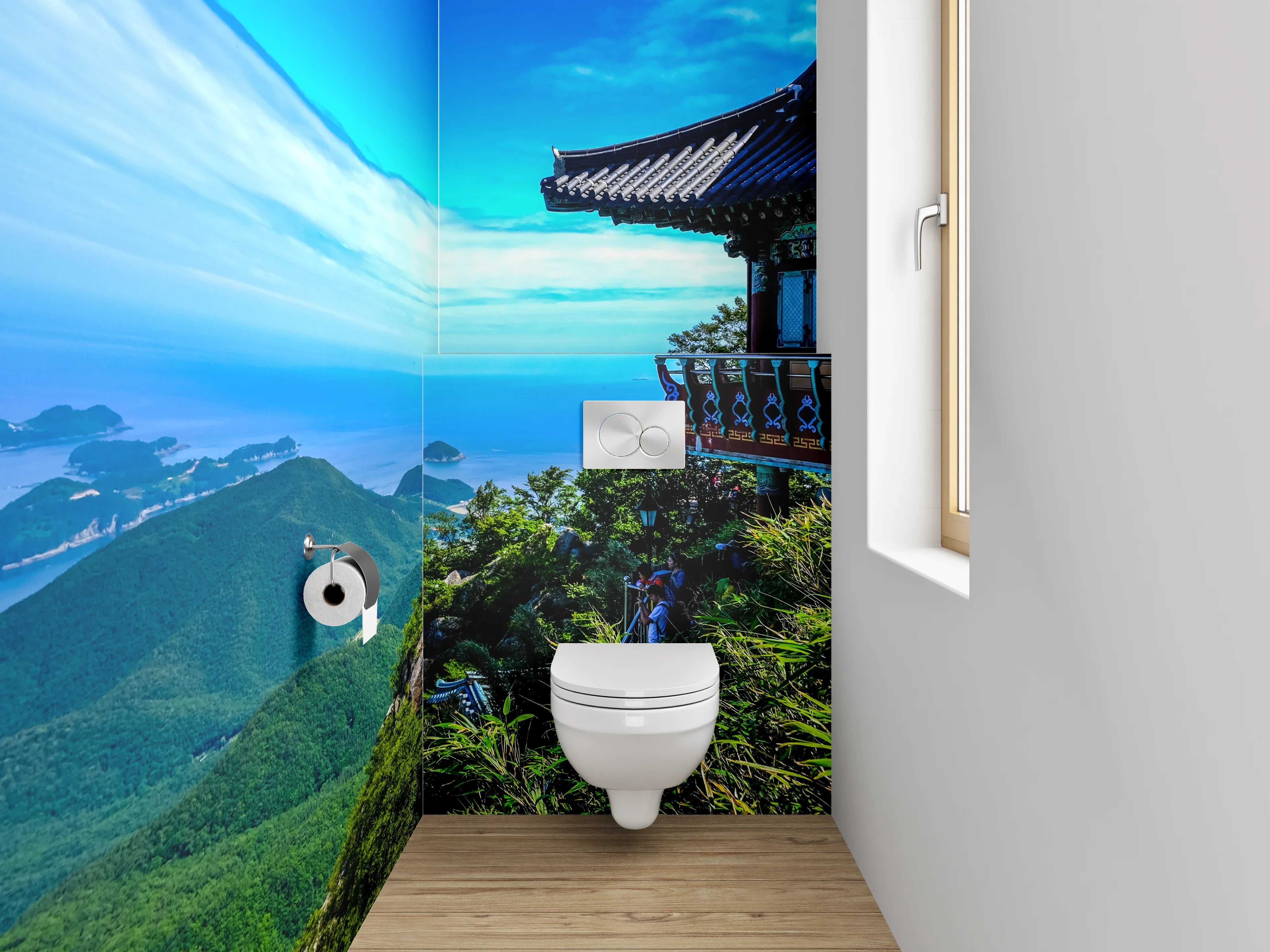 WC-Rückwand - Asiatischer Tempelblick am Meer