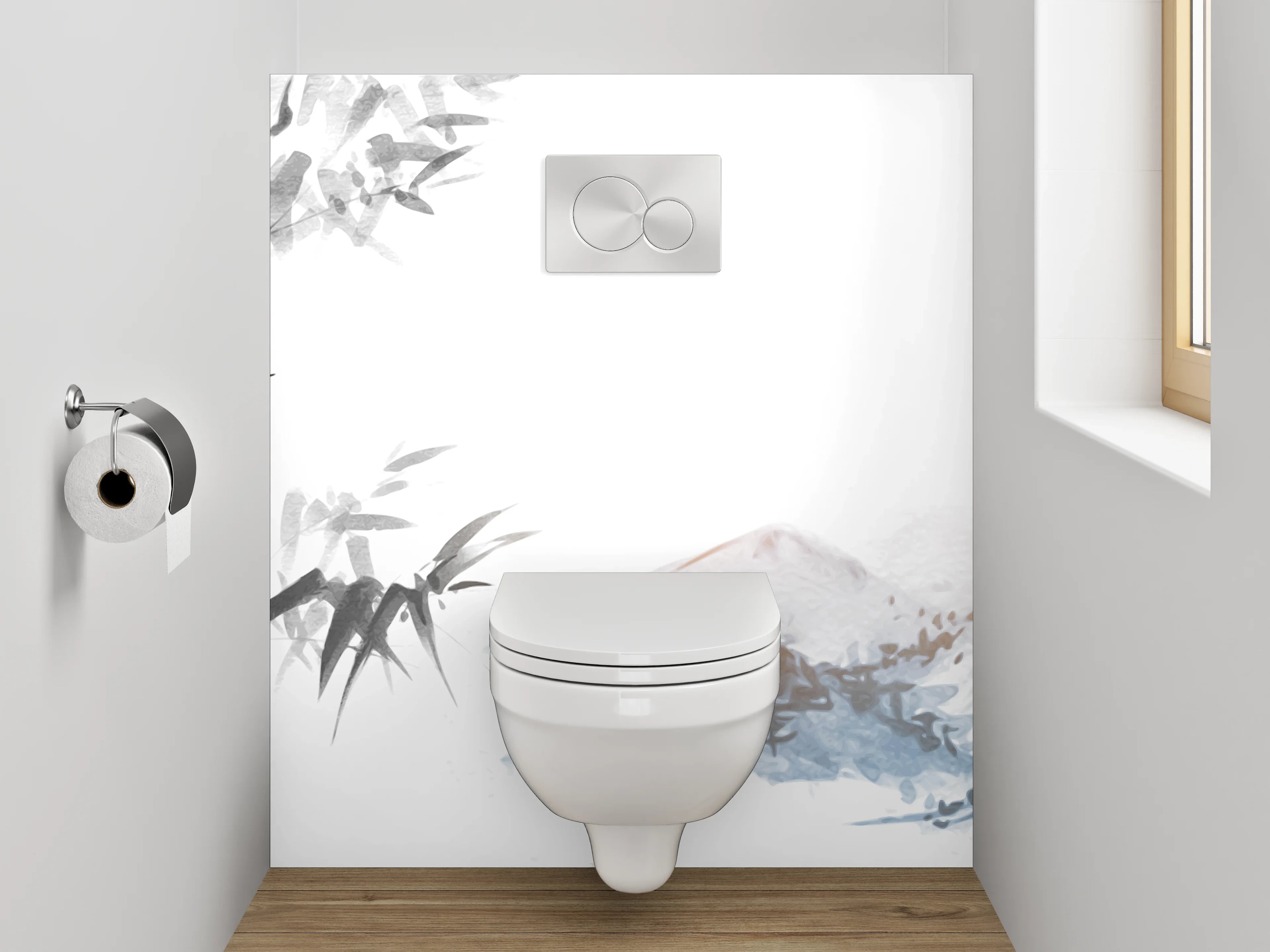 WC-Rückwand - Asiatisches Aquarell Bambus Berge Weiß Grau