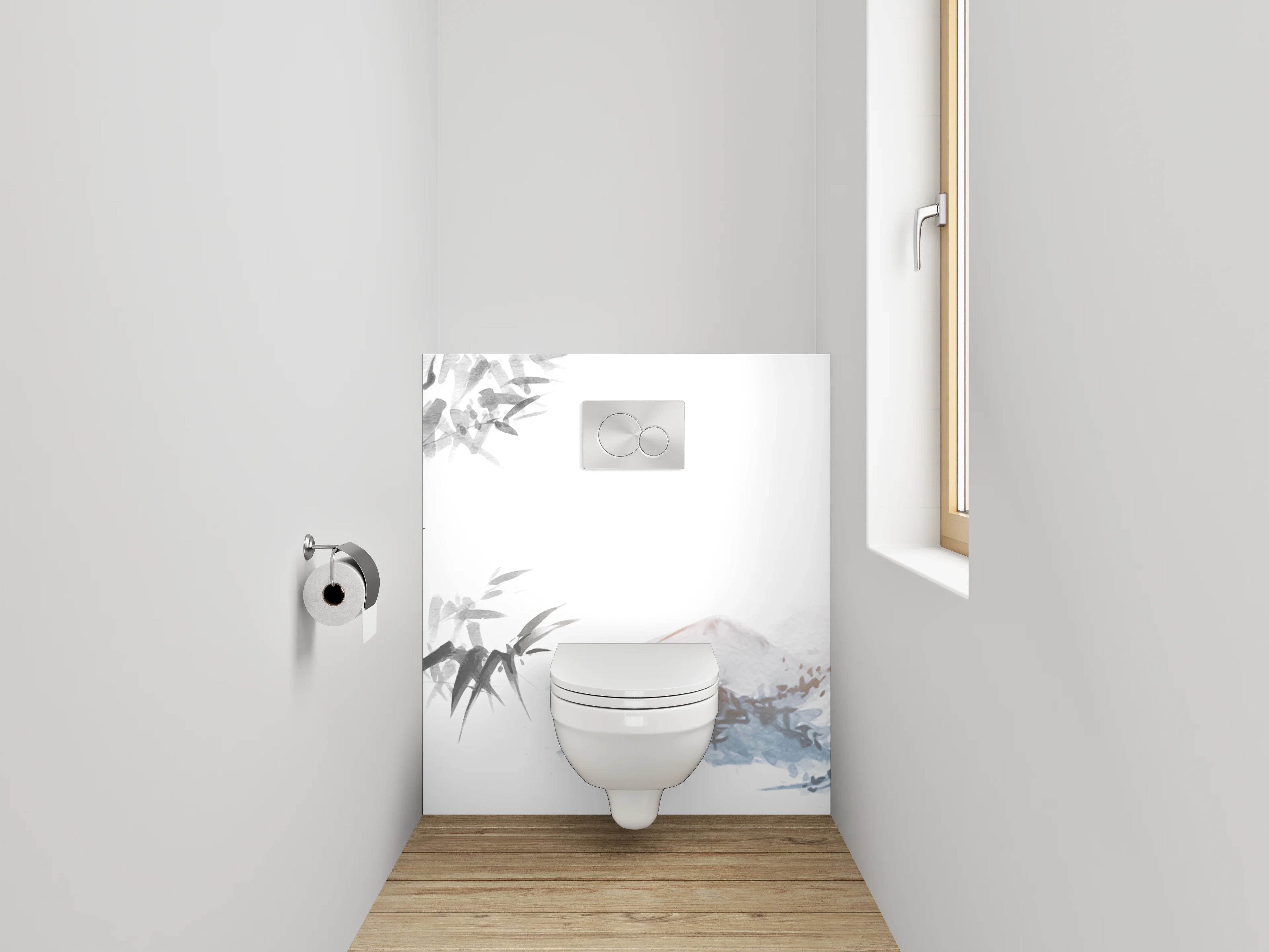 WC-Rückwand - Asiatisches Aquarell Bambus Berge Weiß Grau