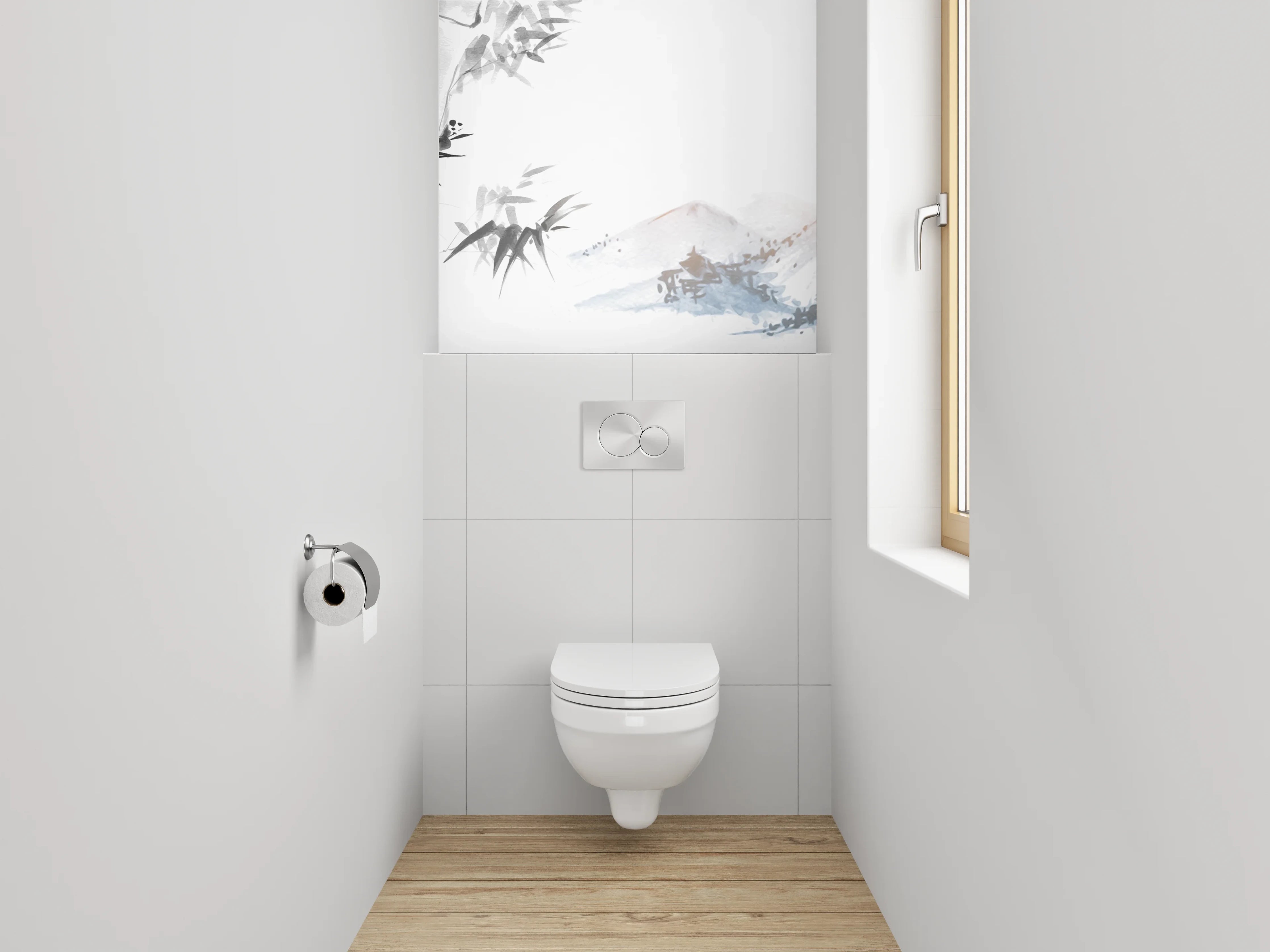 WC-Rückwand - Asiatisches Aquarell Bambus Berge Weiß Grau