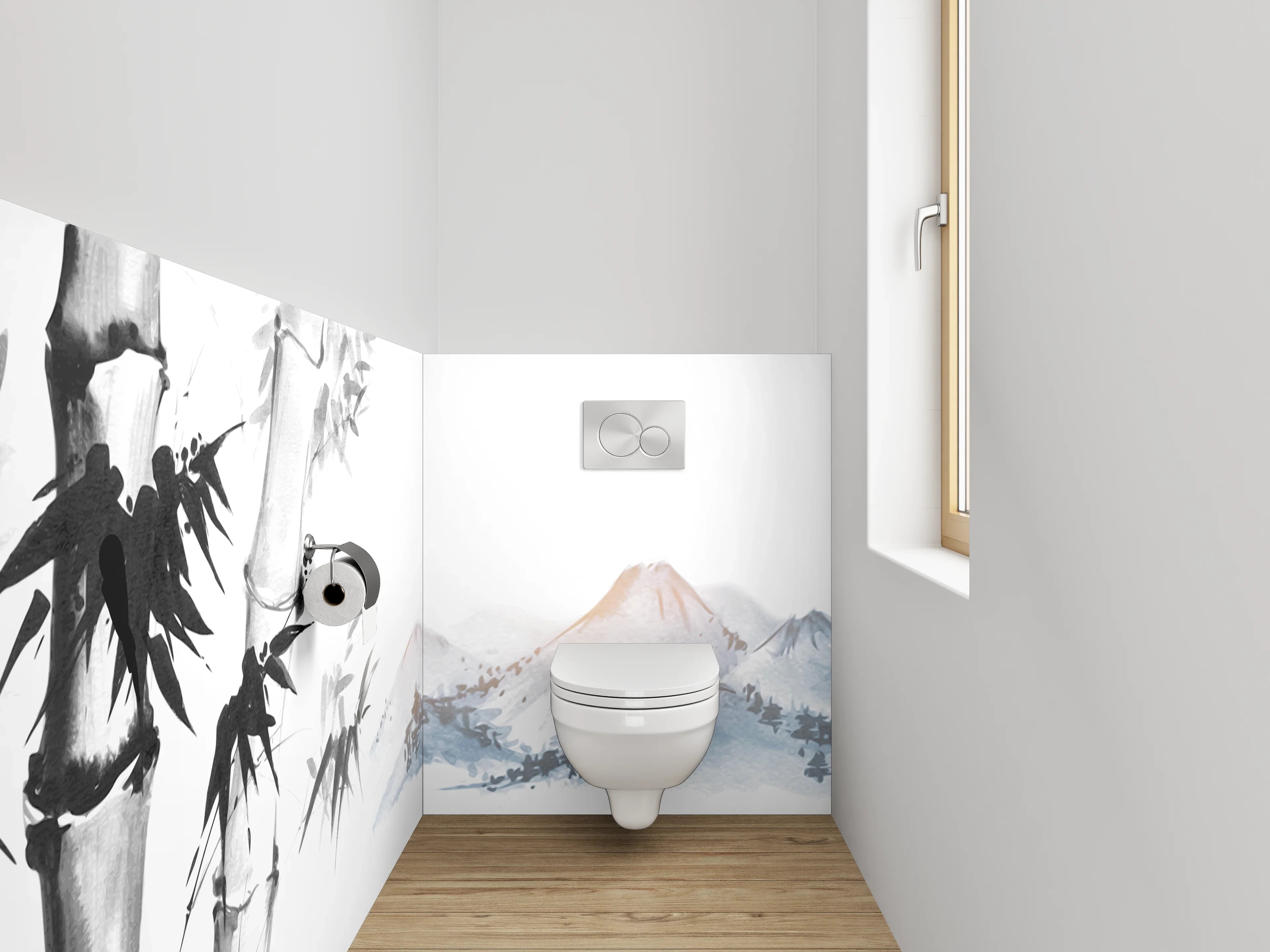 WC-Rückwand - Asiatisches Aquarell Bambus Berge Weiß Grau