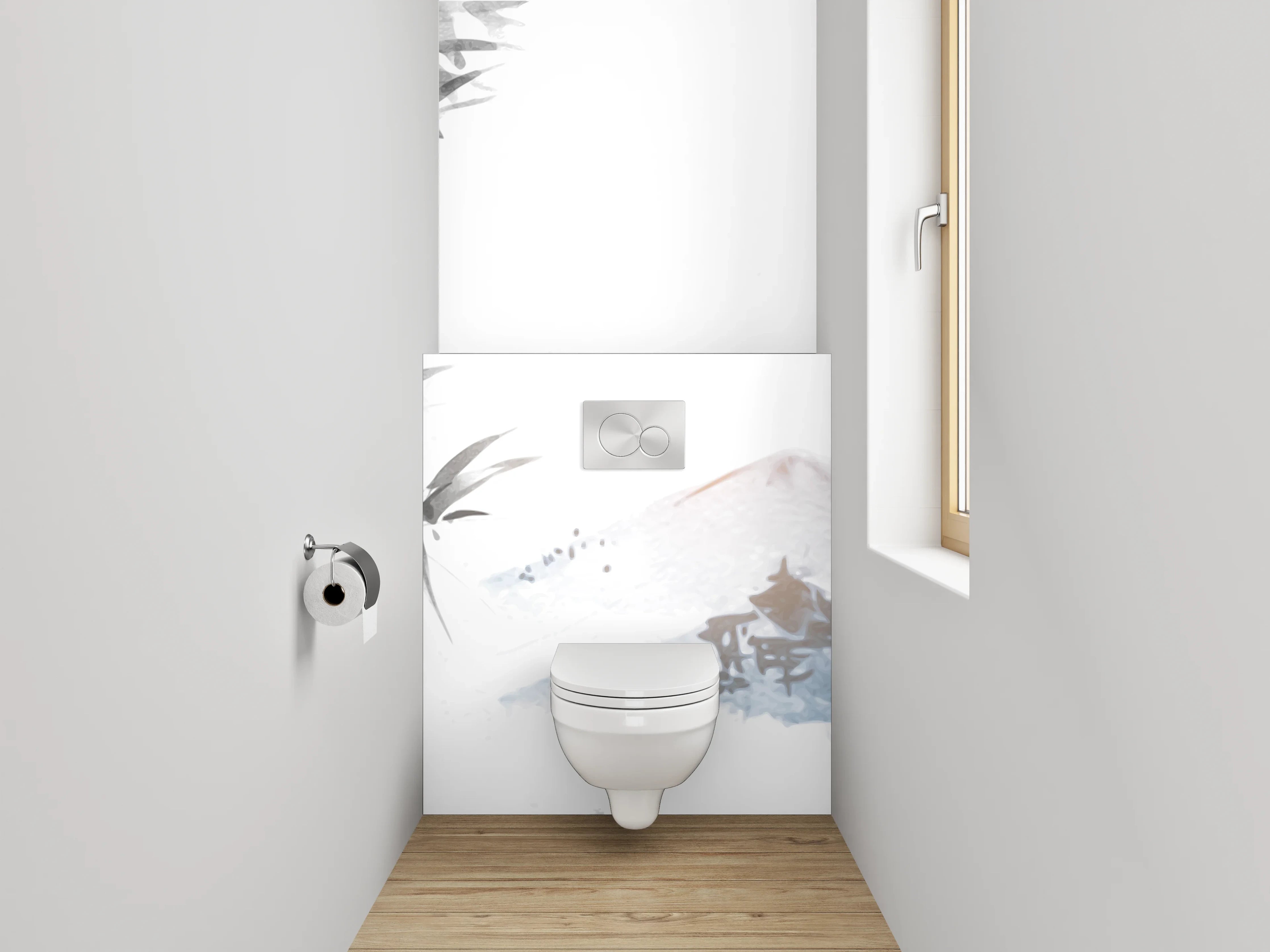WC-Rückwand - Asiatisches Aquarell Bambus Berge Weiß Grau