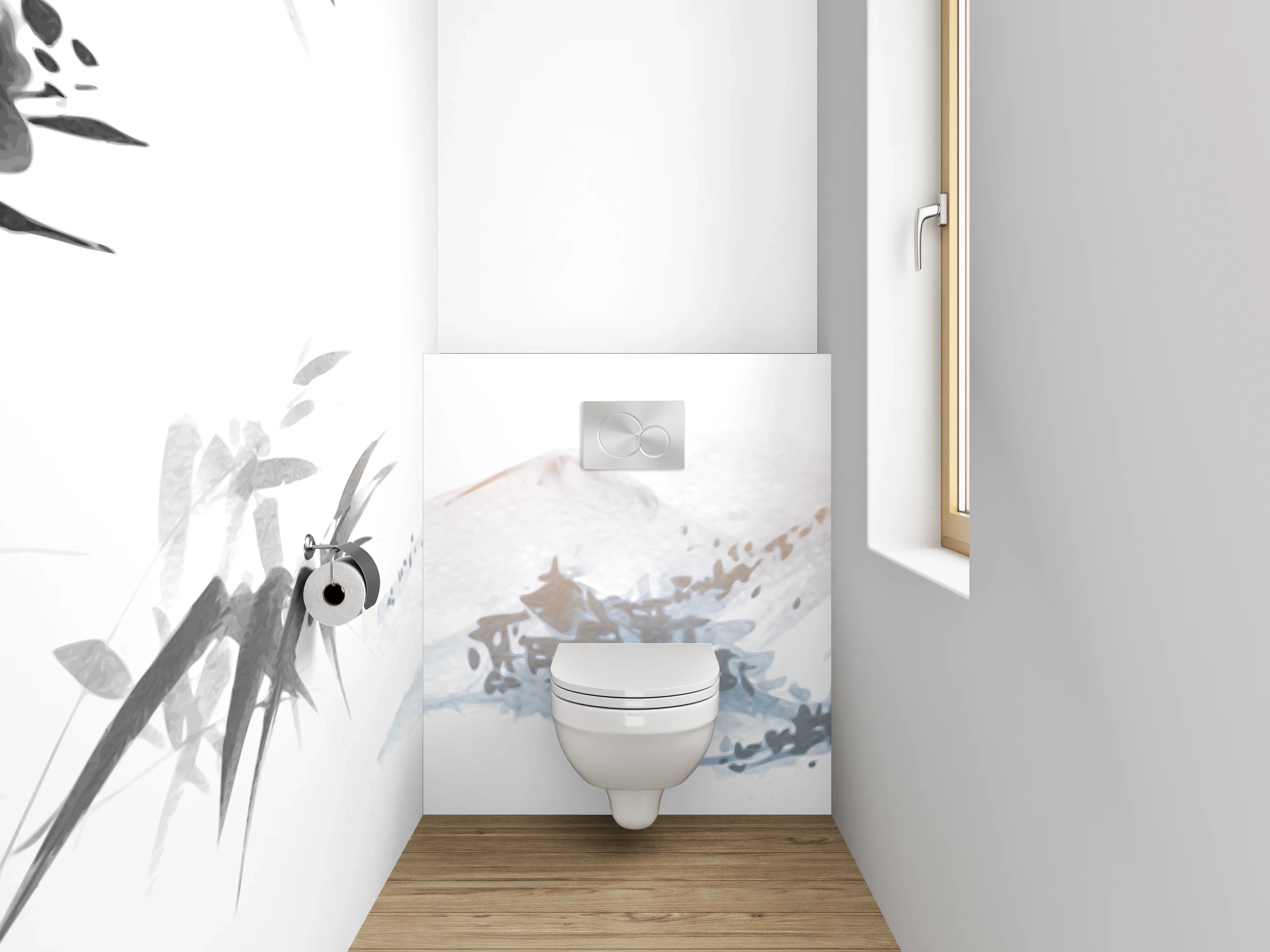 WC-Rückwand - Asiatisches Aquarell Bambus Berge Weiß Grau
