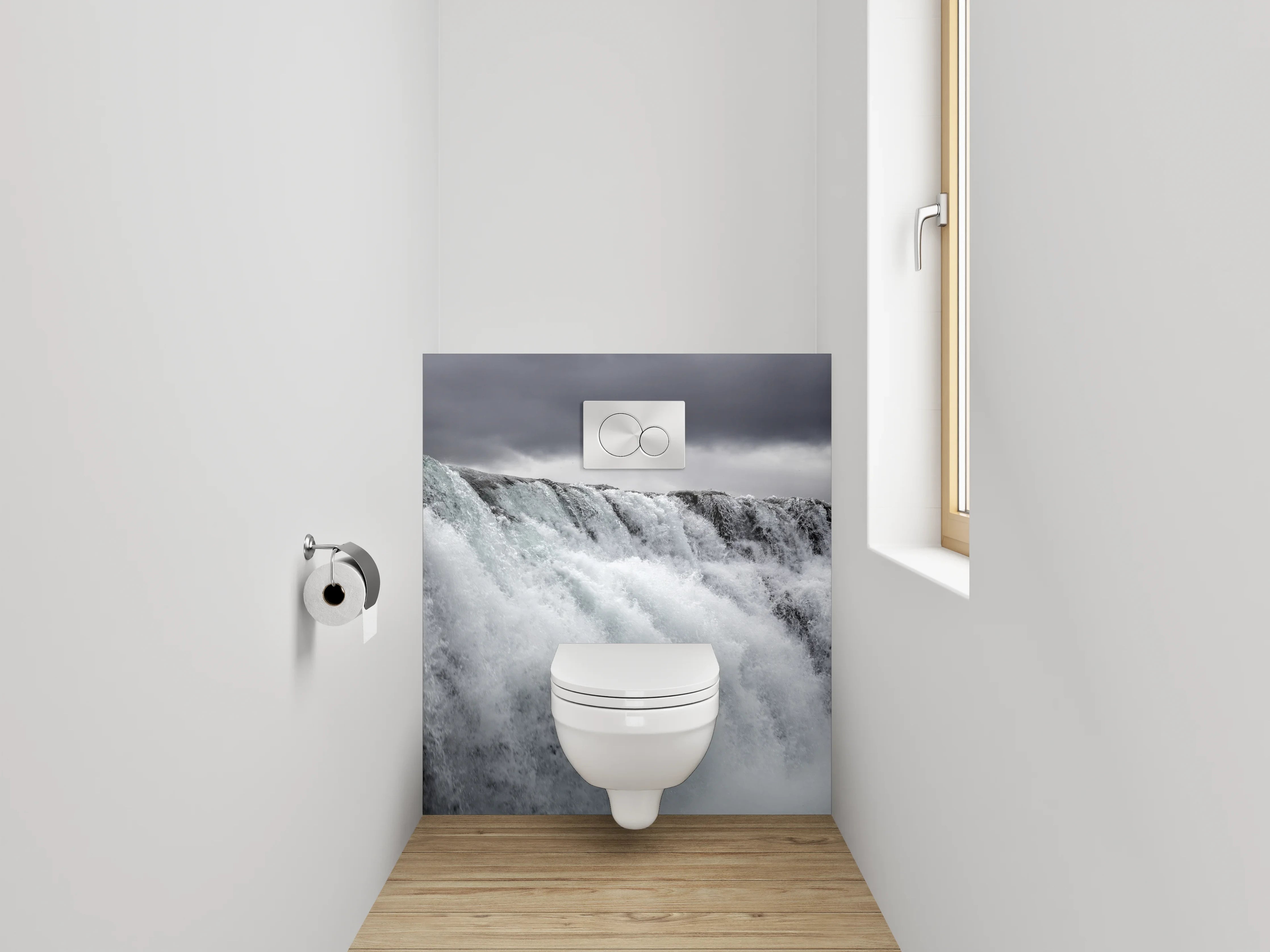 WC-Rückwand - Atemberaubender Wasserfall – Schwarz-Weiß