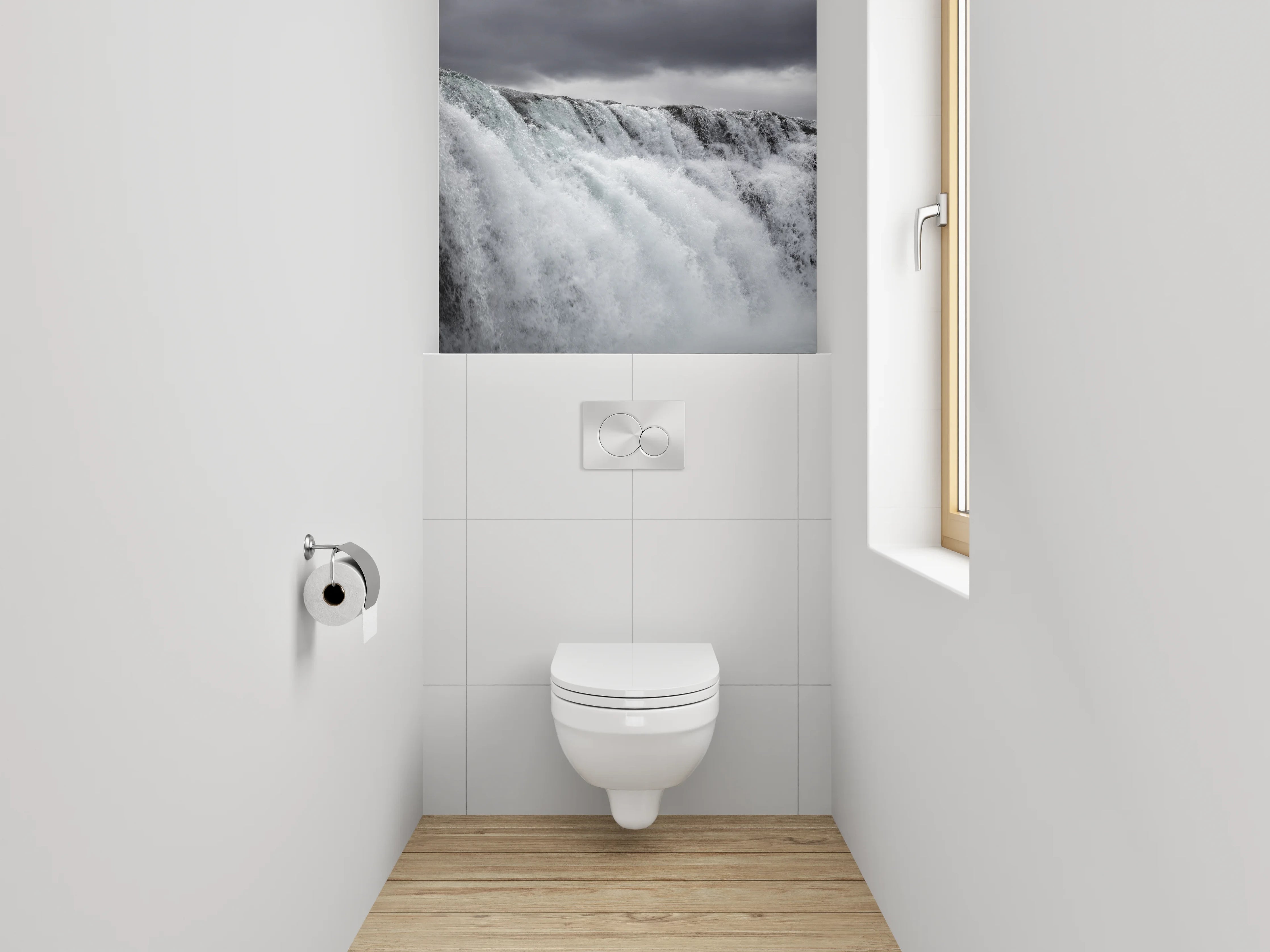 WC-Rückwand - Atemberaubender Wasserfall – Schwarz-Weiß