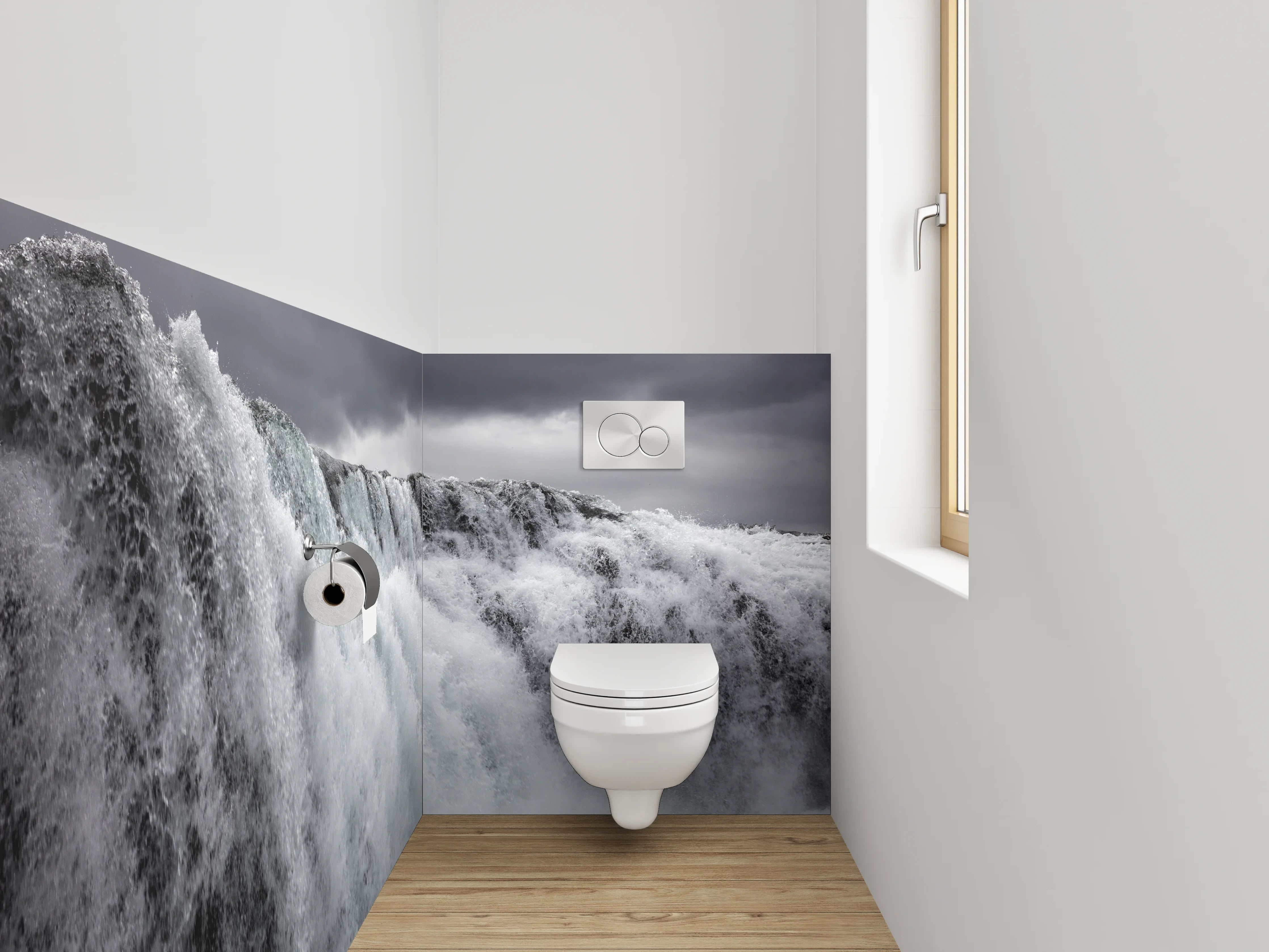 WC-Rückwand - Atemberaubender Wasserfall – Schwarz-Weiß