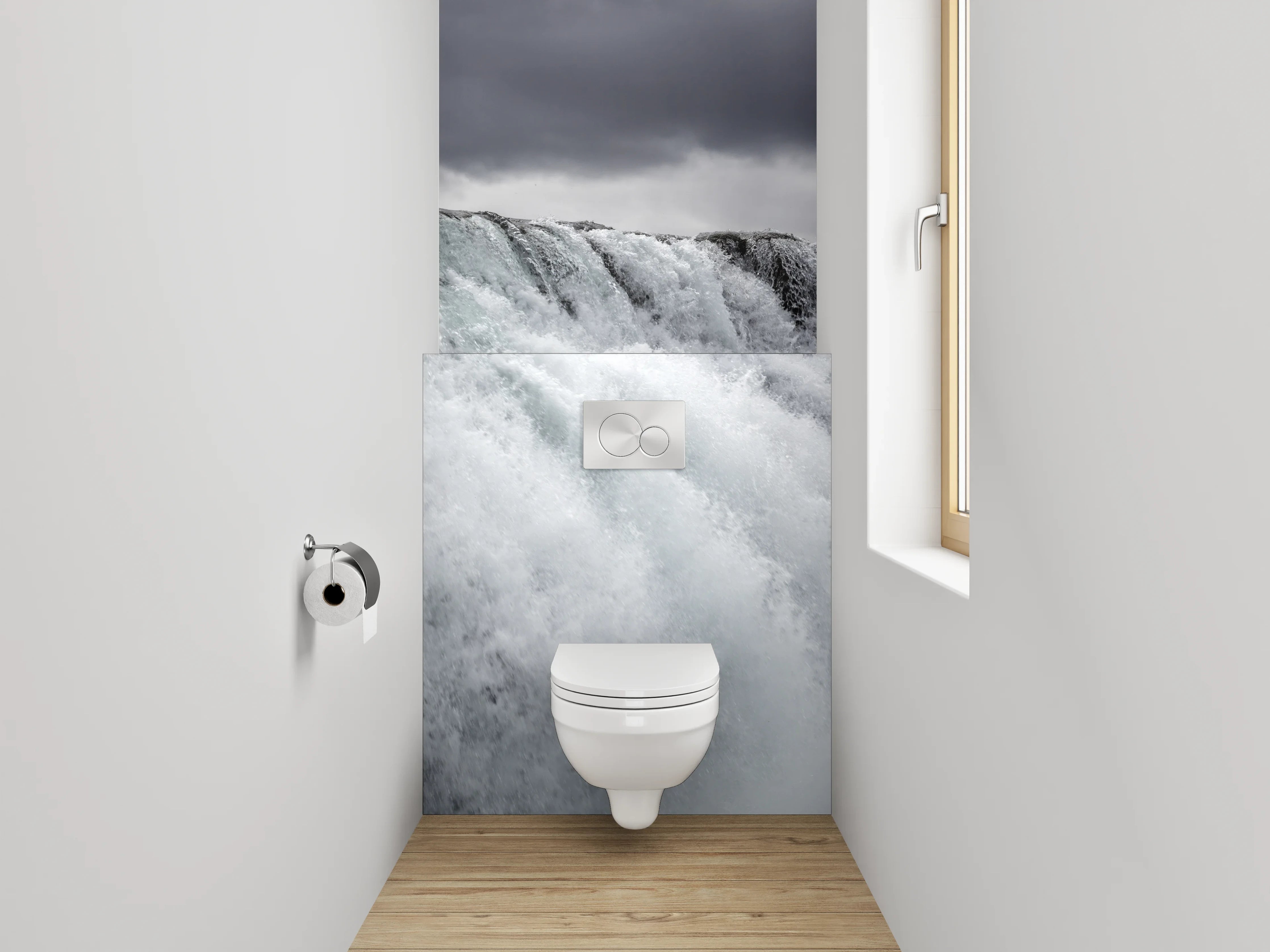 WC-Rückwand - Atemberaubender Wasserfall – Schwarz-Weiß