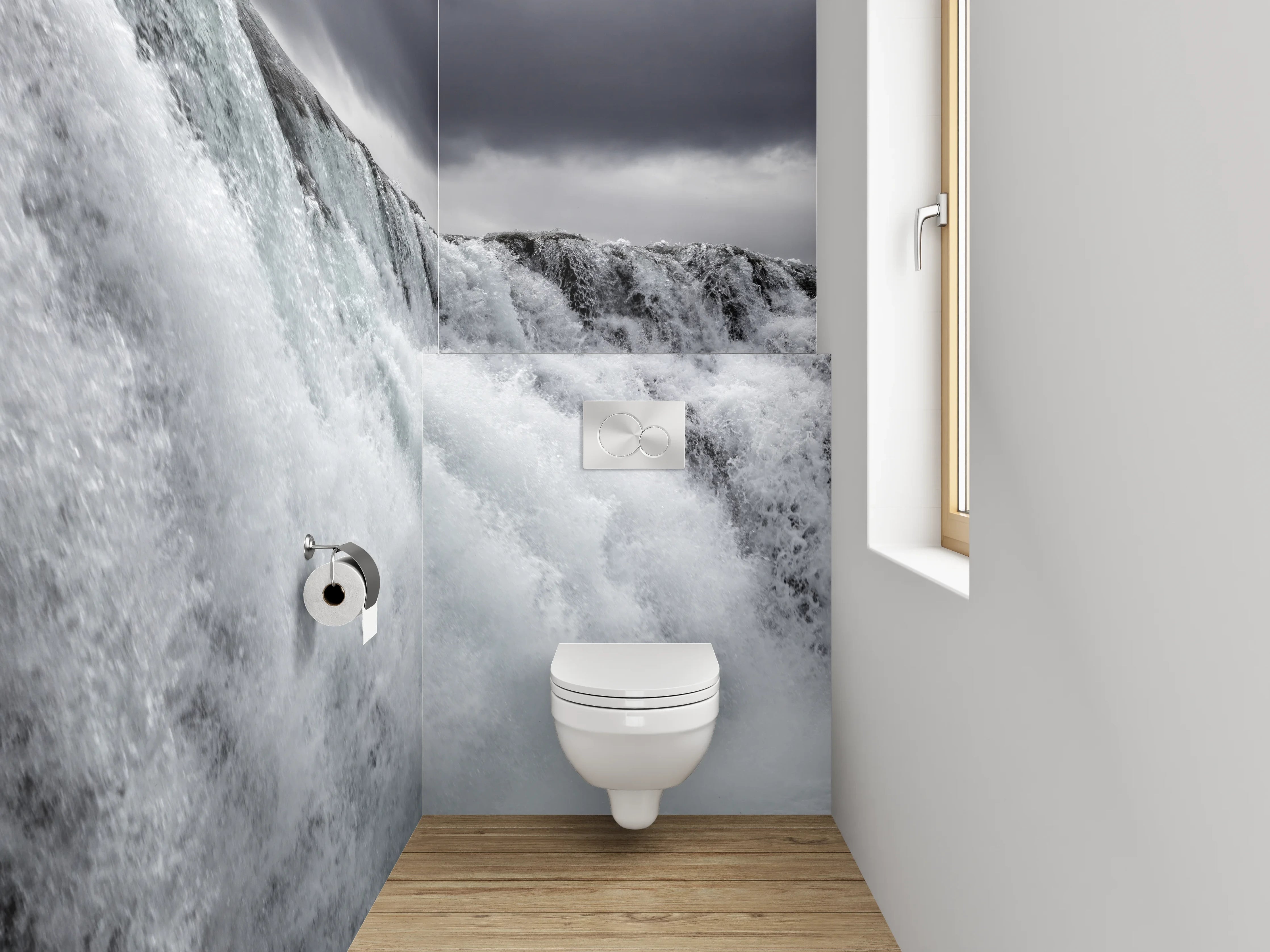 WC-Rückwand - Atemberaubender Wasserfall – Schwarz-Weiß