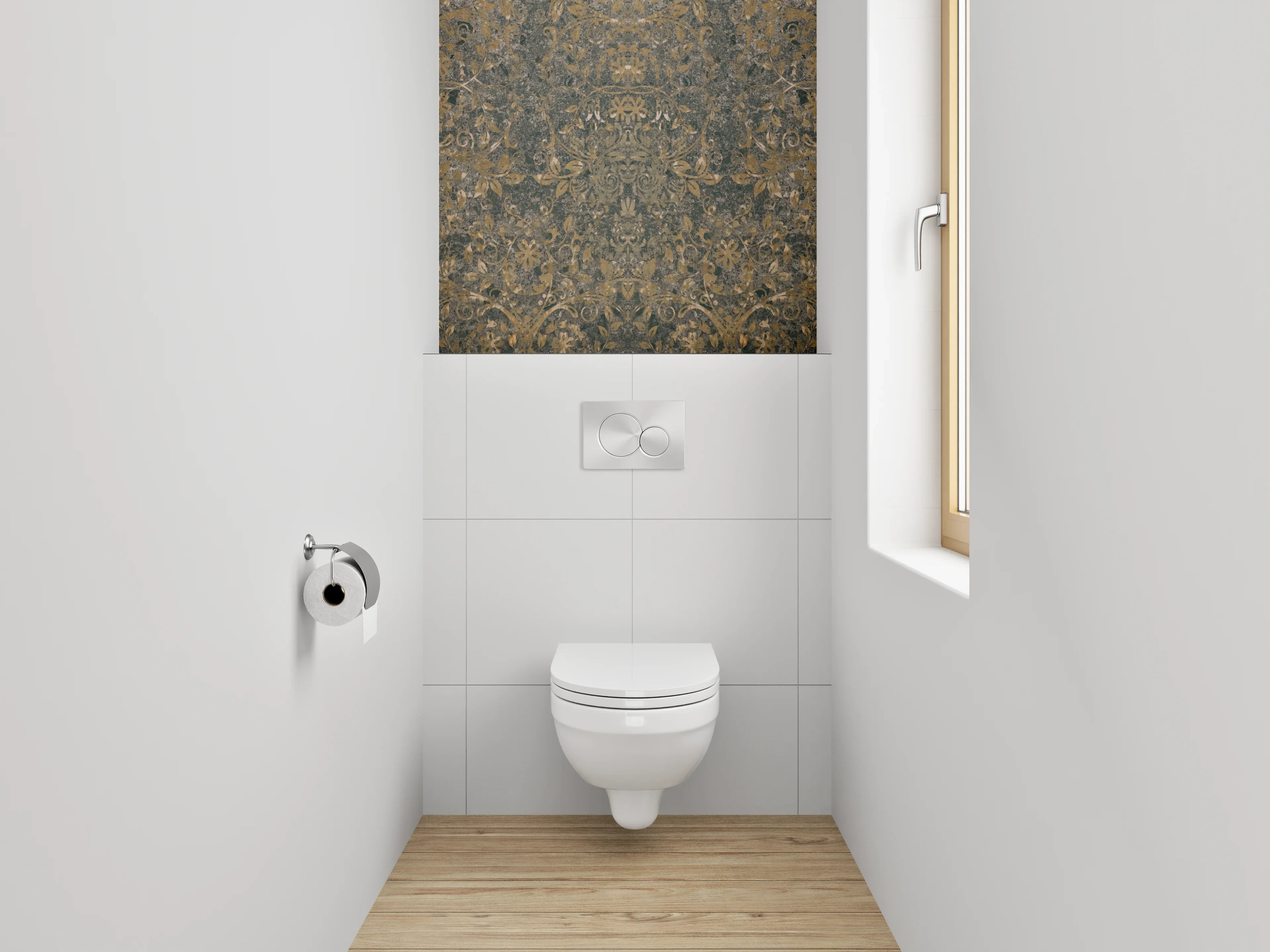 WC-Rückwand - Barock Ornament Tapetenmuster Braun Gold