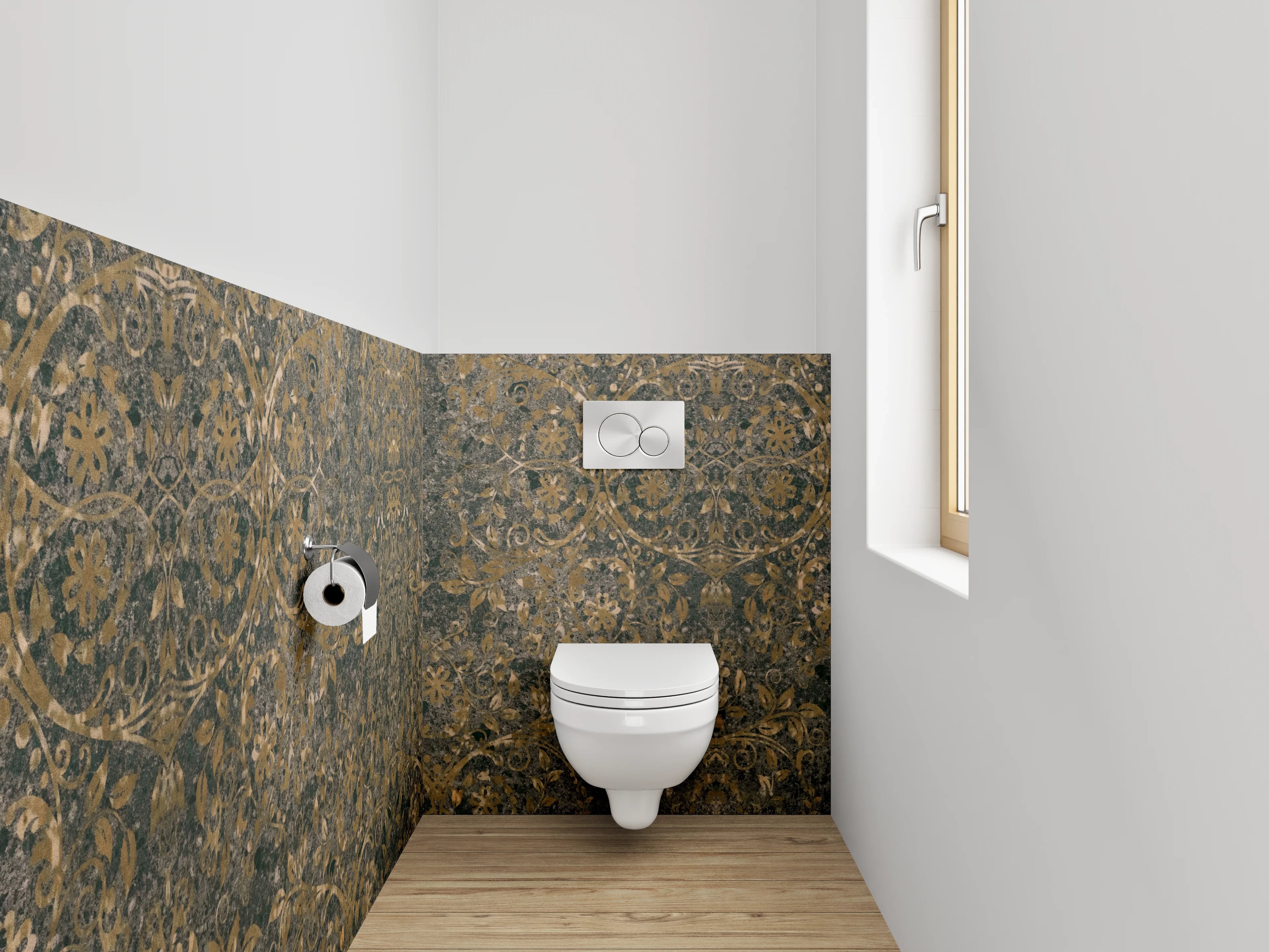 WC-Rückwand - Barock Ornament Tapetenmuster Braun Gold